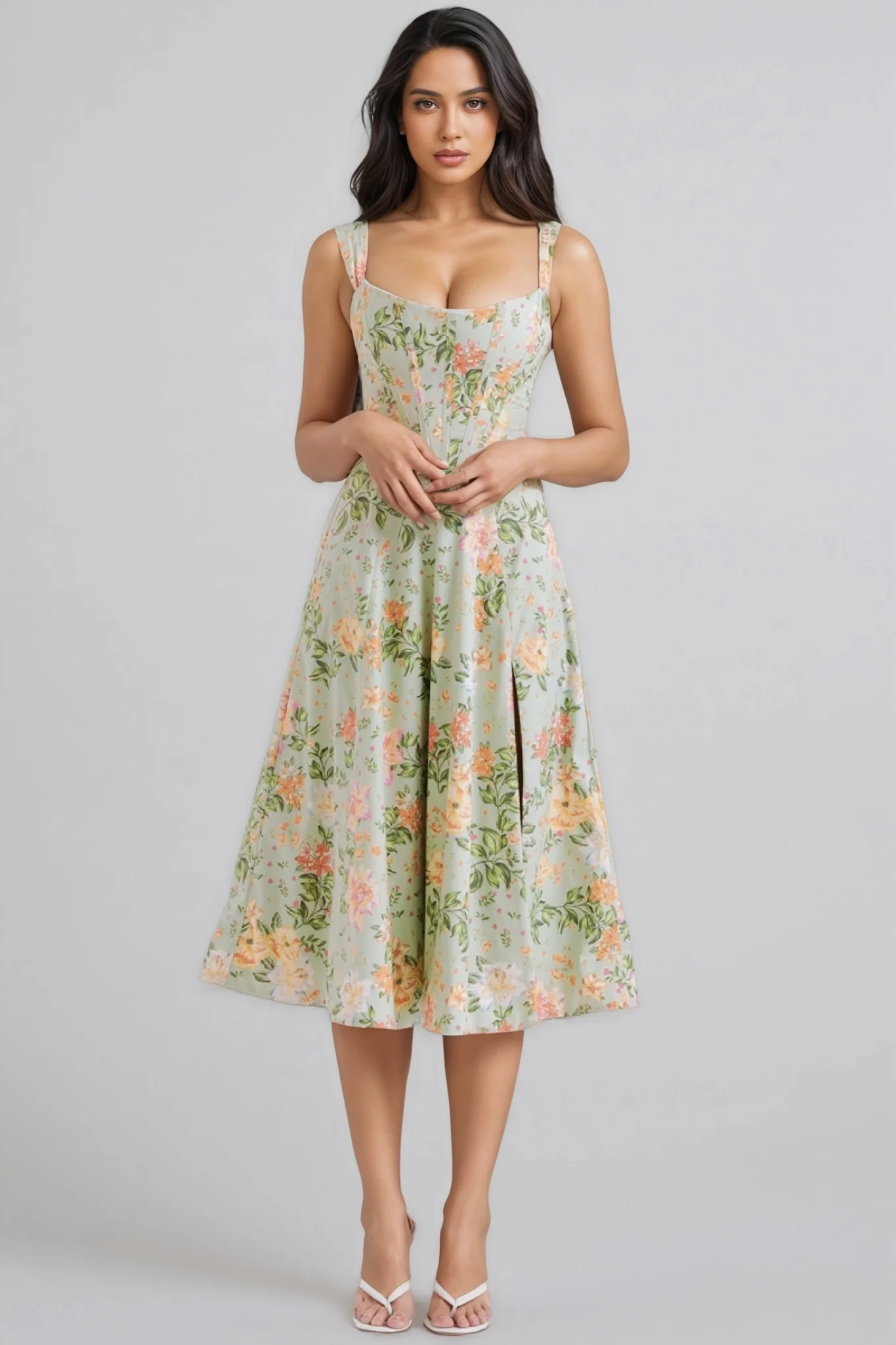 Nila Green Split Floral Midi Dress