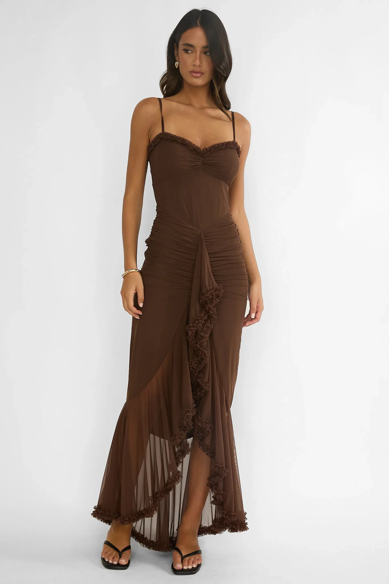 Noelia Gathered Waist Frill Trim Maxi Dress Chocolate