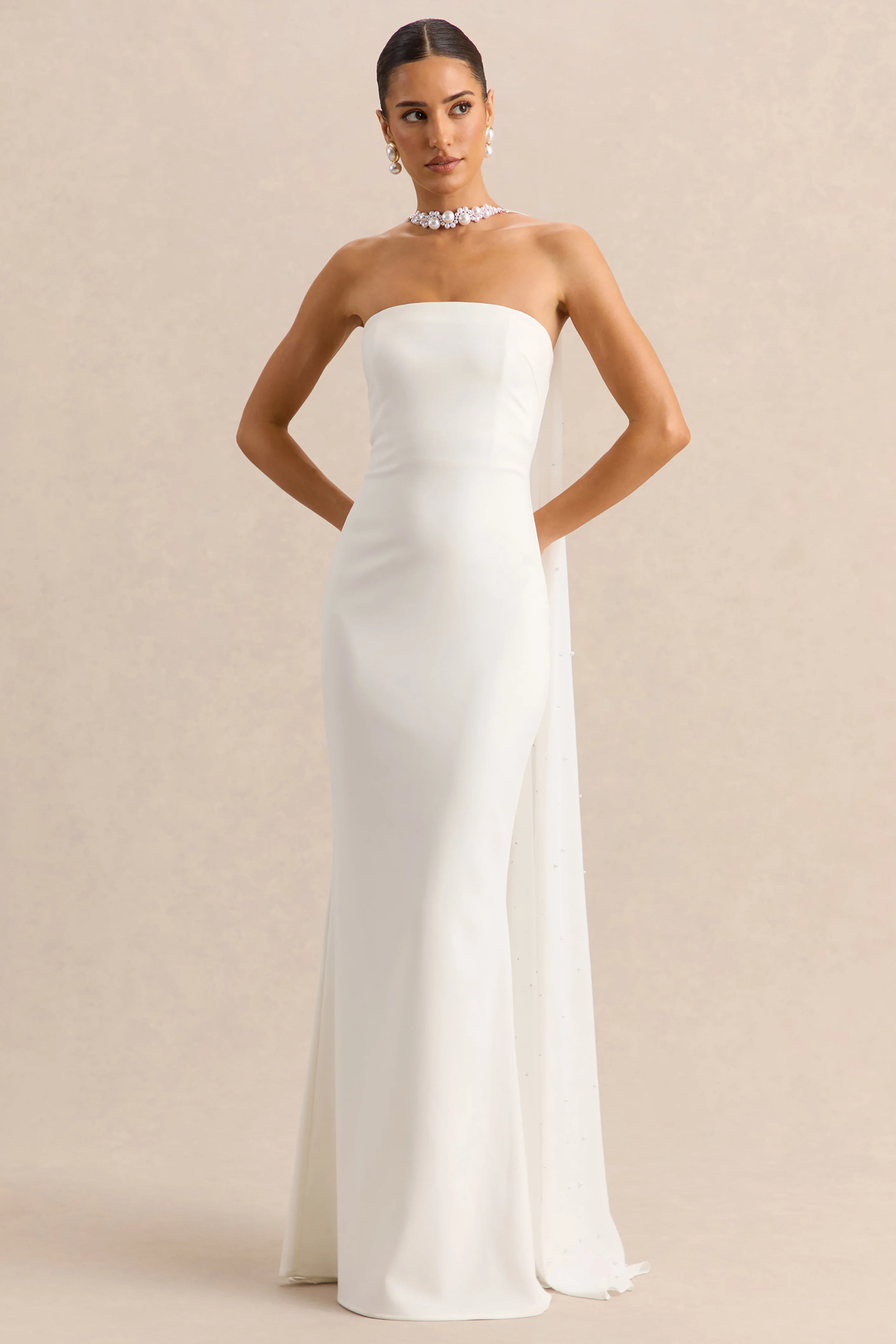Alina | White Bandeau Maxi-Dress With Cape