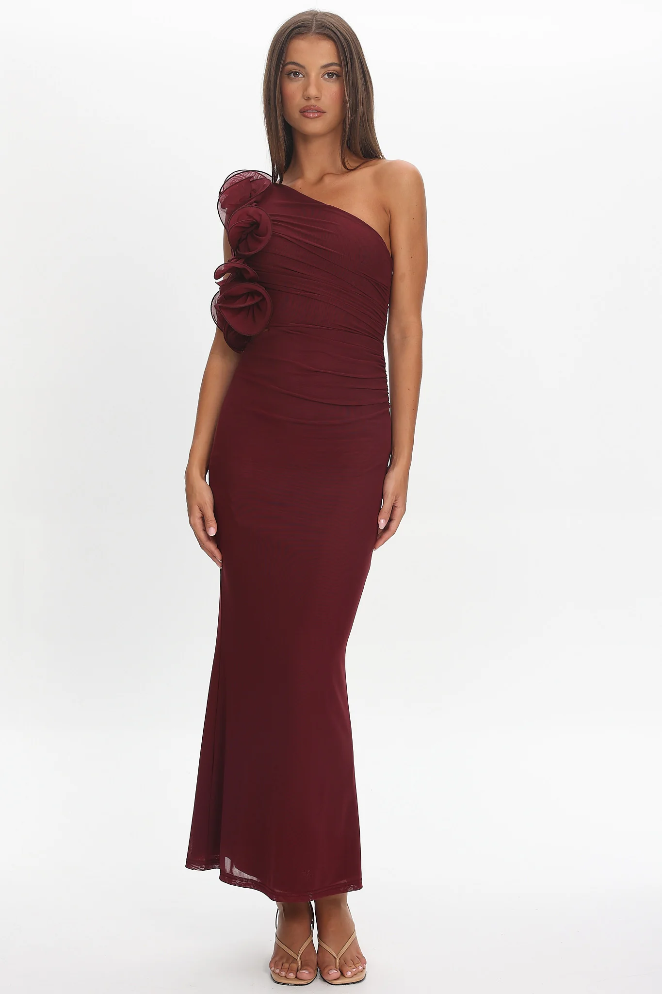 Deanna One-Shoulder Ruffle Maxi Dress Wine