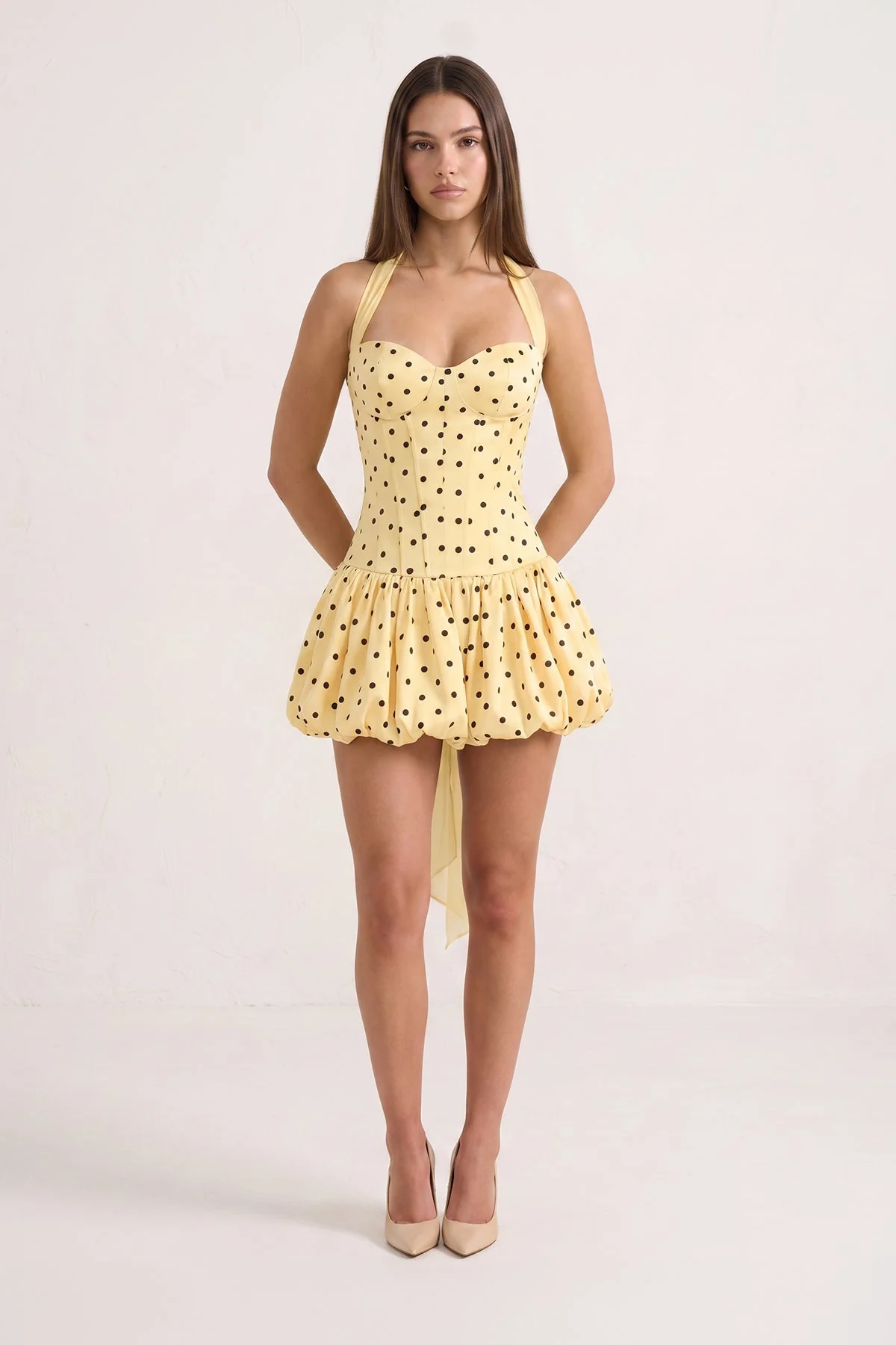 Yellow Halter A-Line Satin Polka Dots Bubble Hem Homecoming Dress