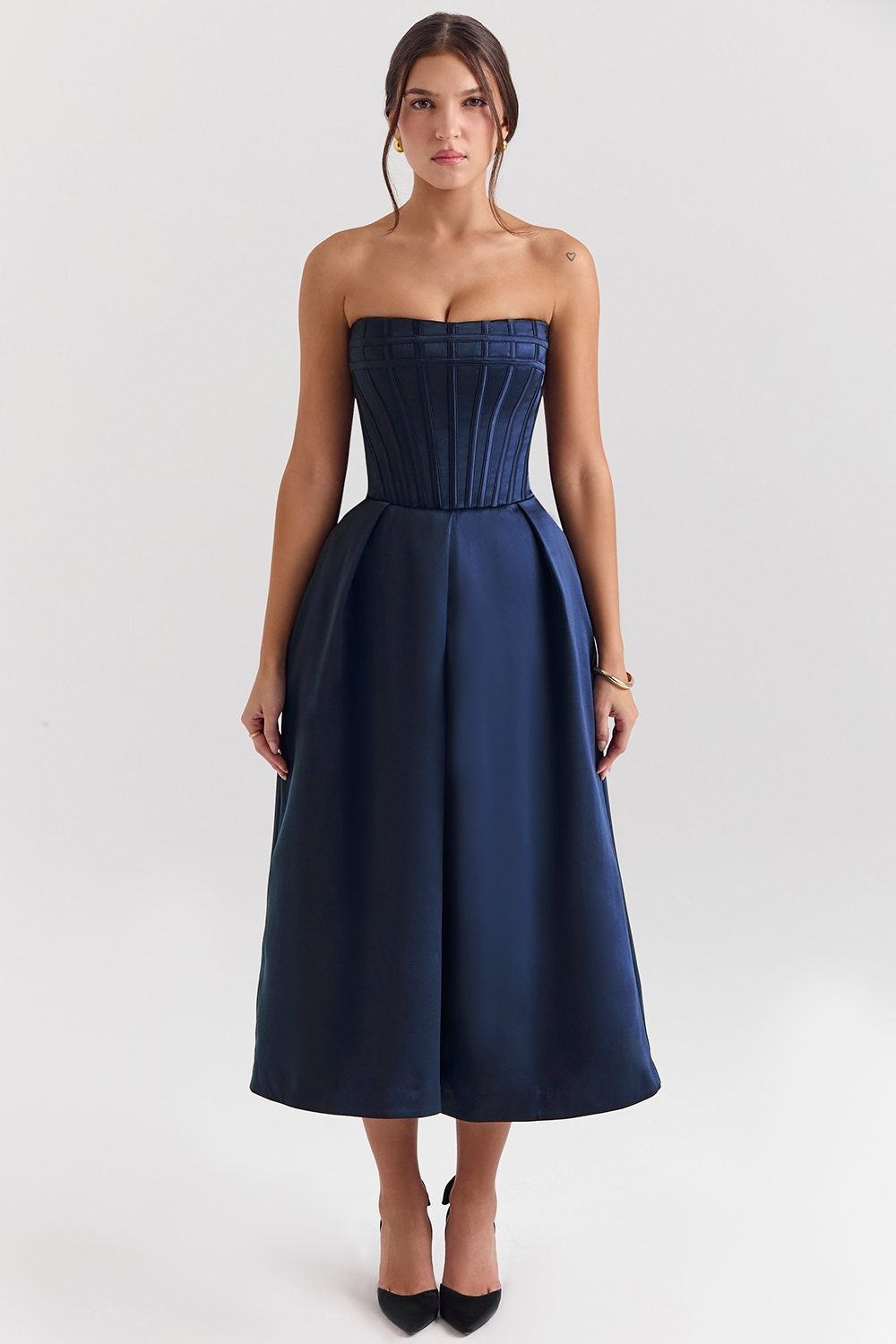 midnight blue strapless detachable bow midi dress