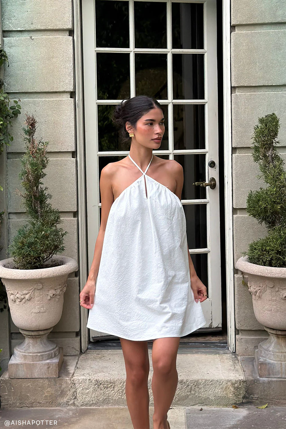 Sonja Keyhole Halter Cotton Mini Dress - White