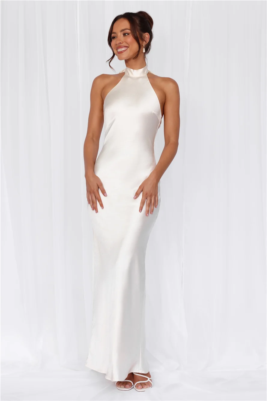 The Cleo Halter Satin Maxi Dress Pearl