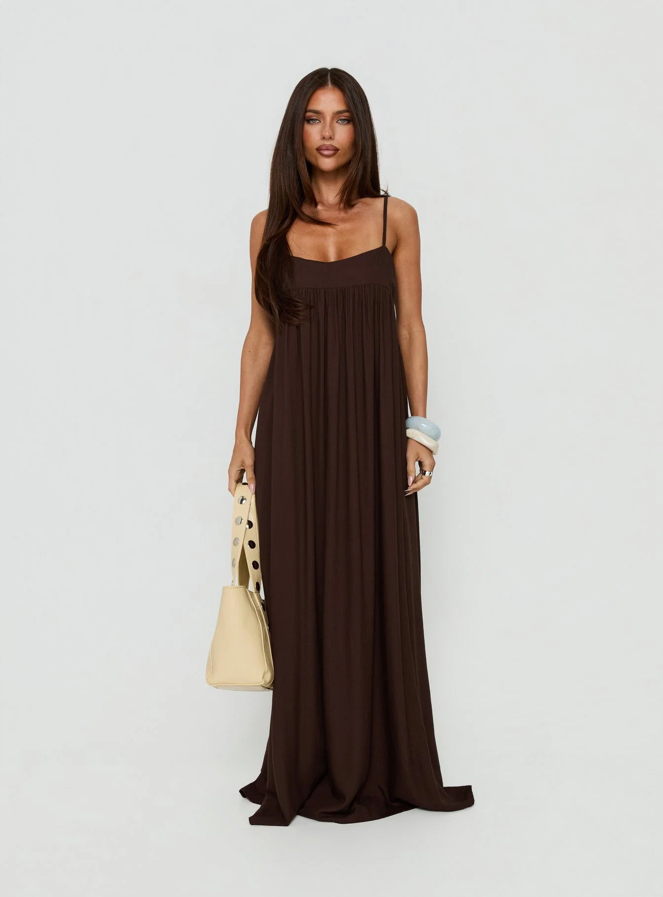 Wildah Linen Smock Maxi Dress Brown - FASHION NOB