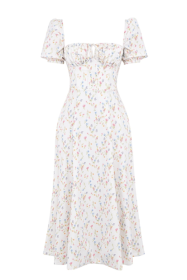 White Posy Print Cotton Puff Sleeve Midi Sundress