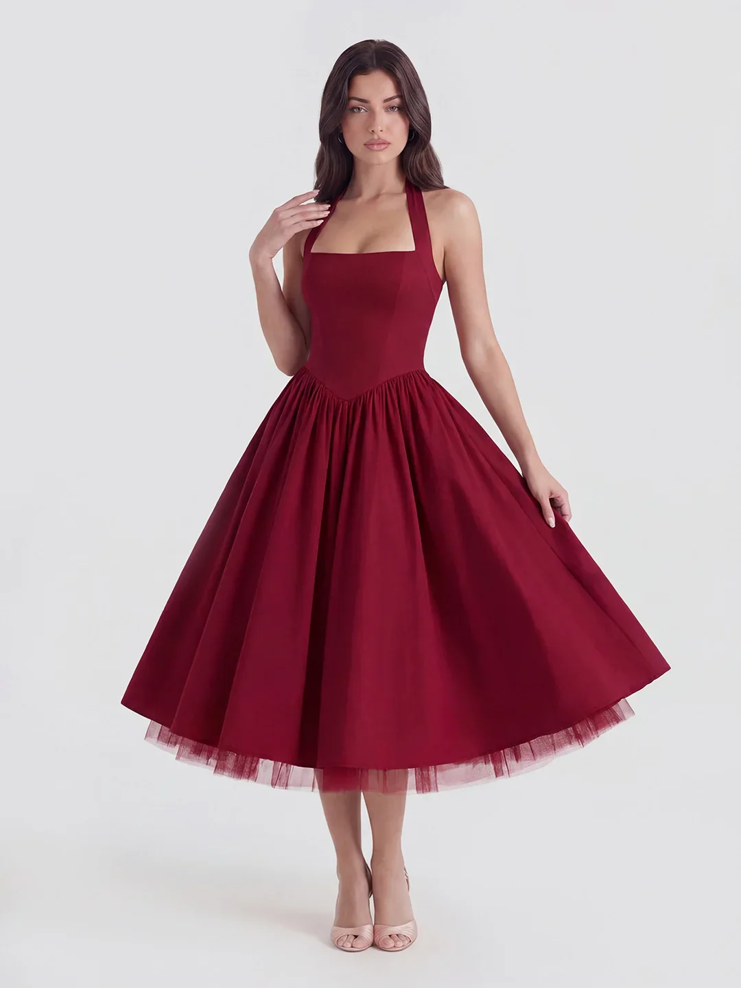 Lace-Up Halter Midi with Exposed Tulle Hem