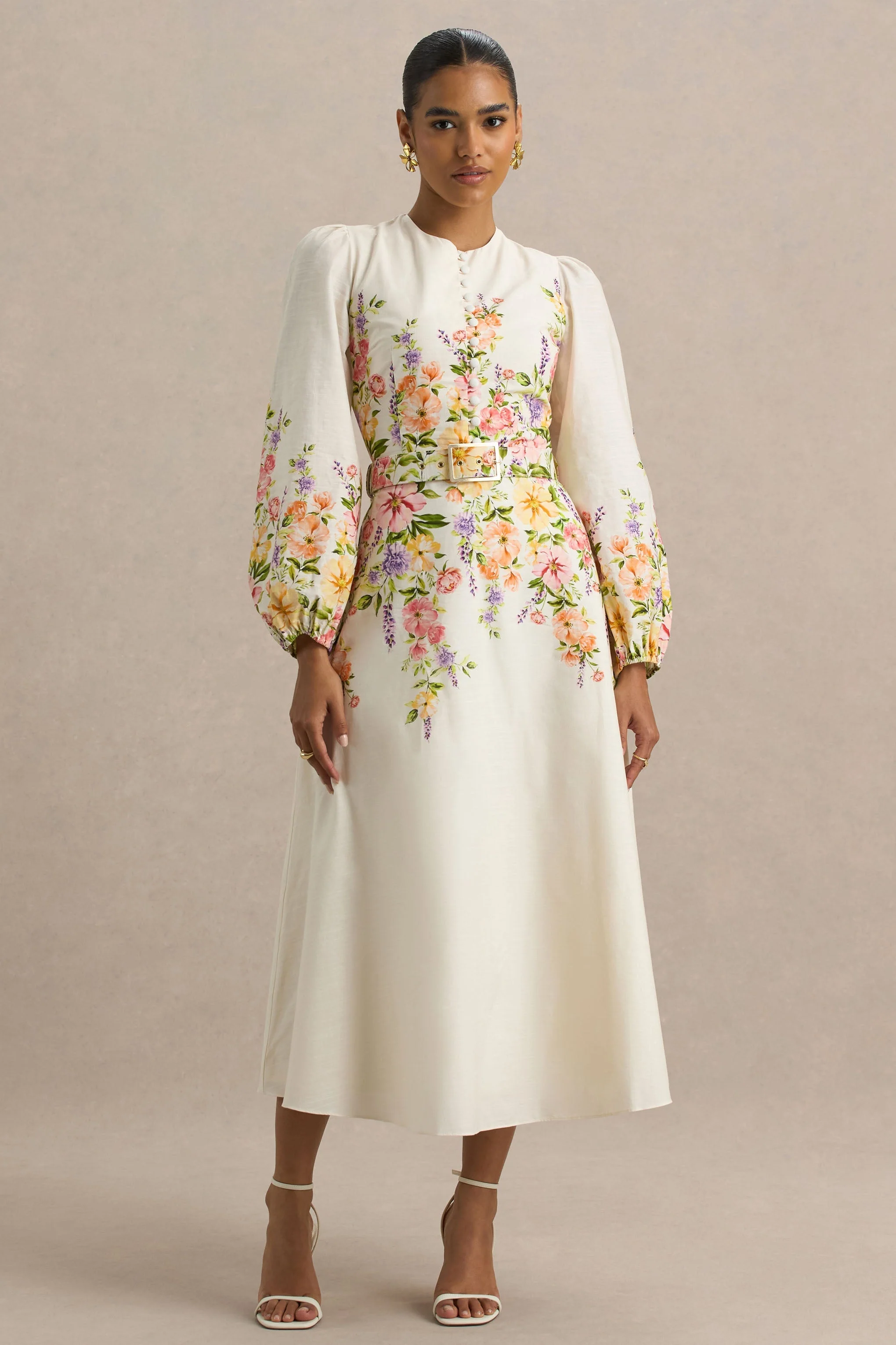 Dahlia | White Floral Border Print High-Neck Midi Dress