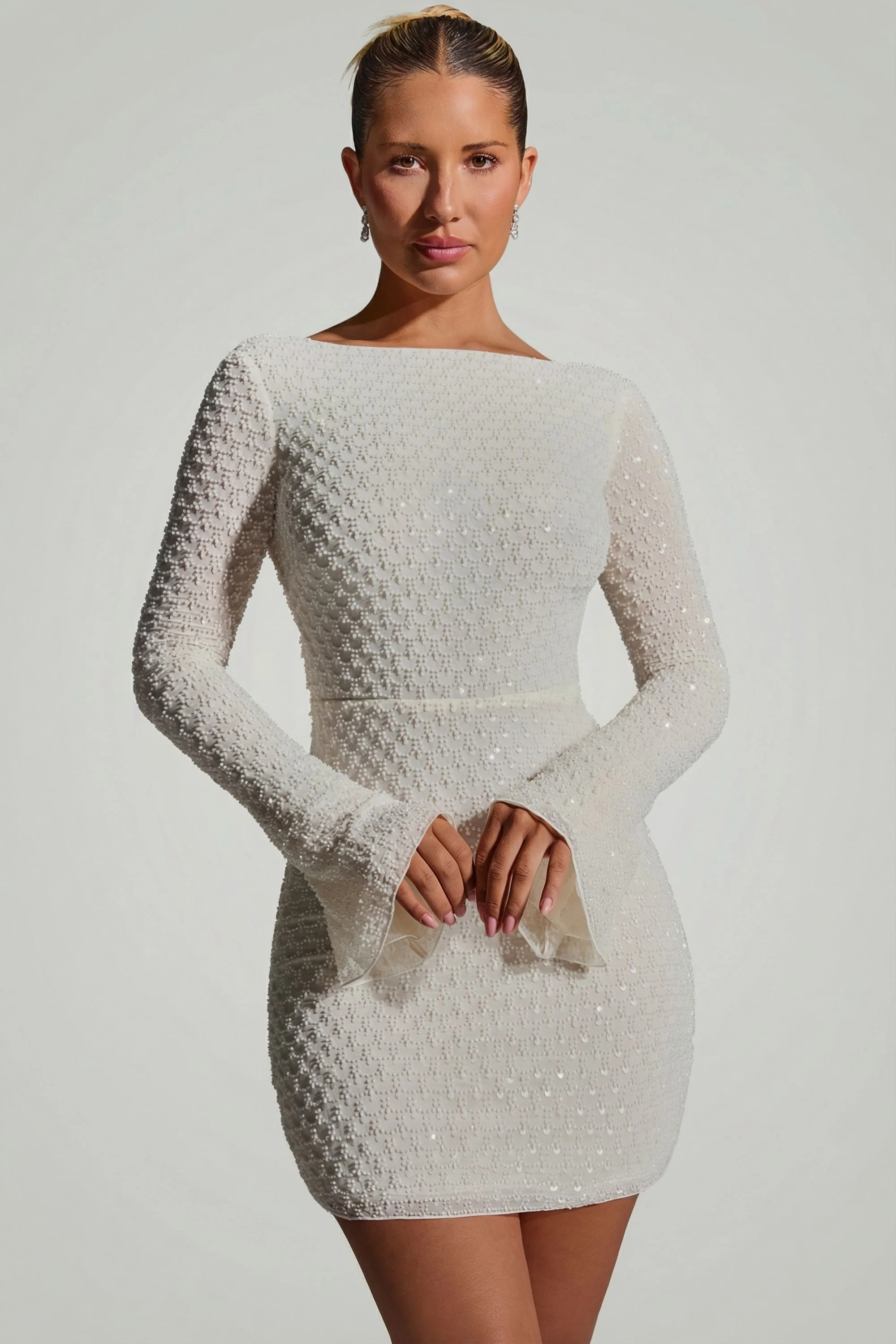 Embellished Open-Back A-Line Mini Dress in White