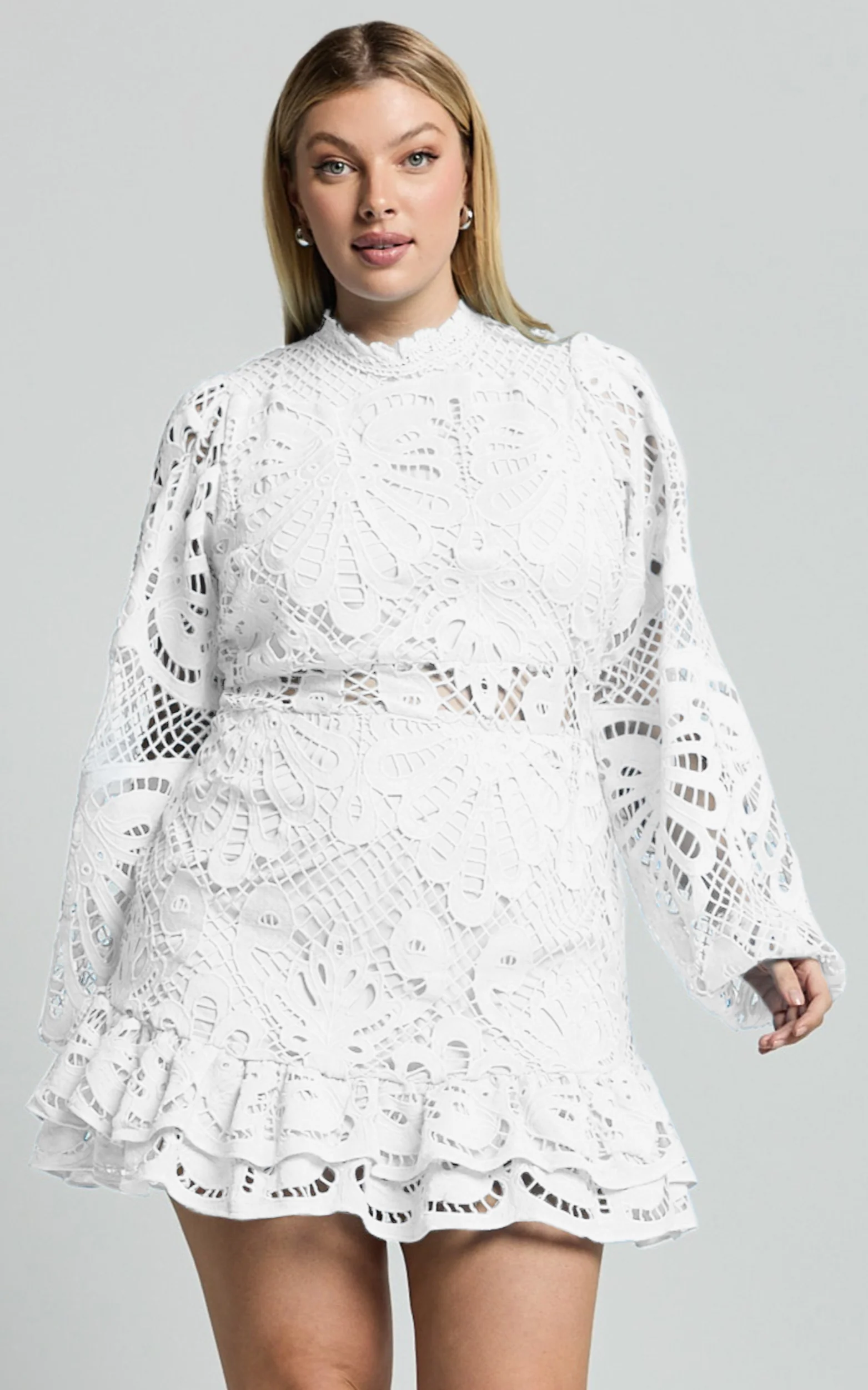 Kiss Me Now Mini Dress - Long Puff Sleeve Dress in White Lace
