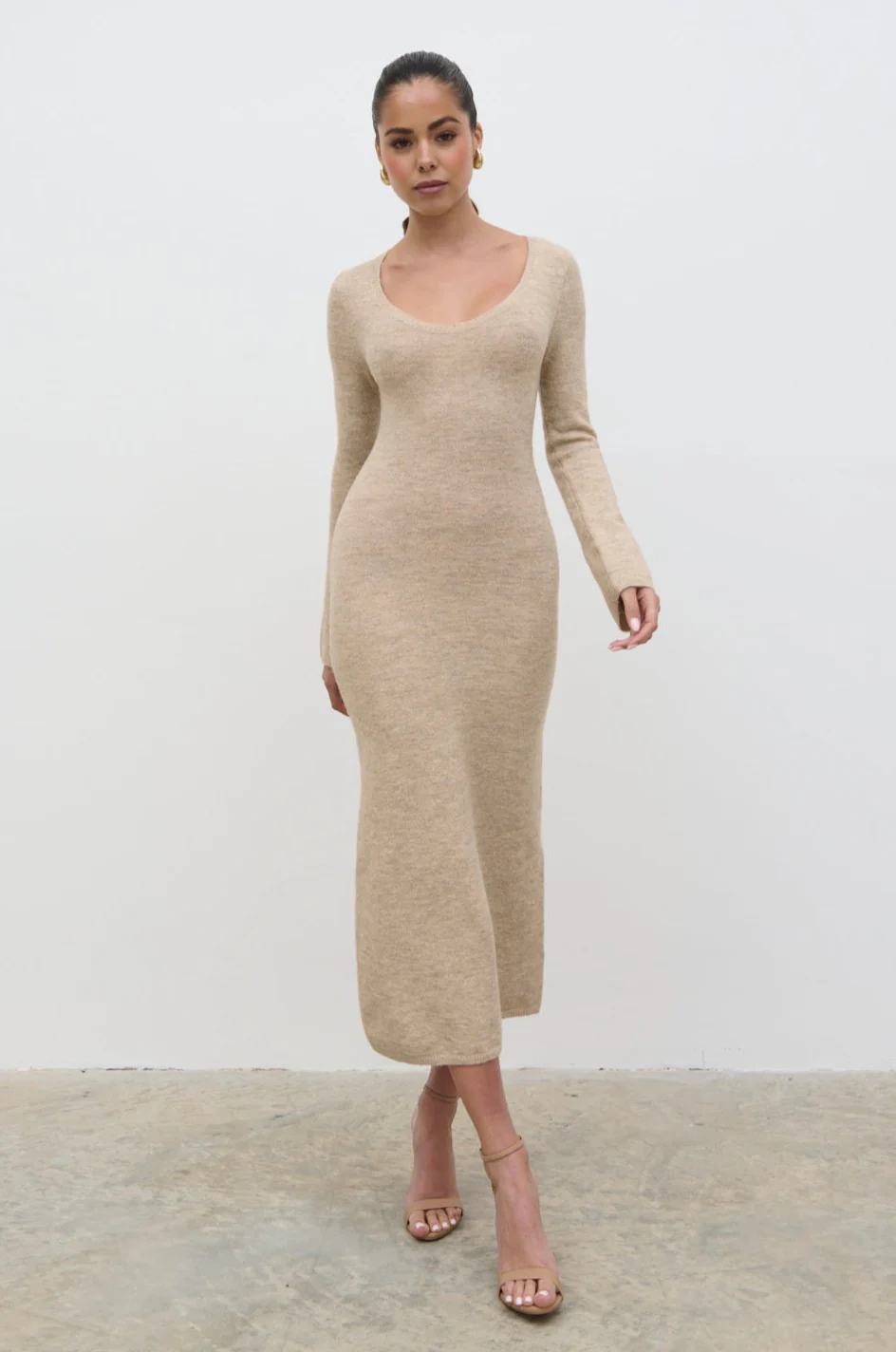 Clara Scoop Neck Knit Dress - Beige