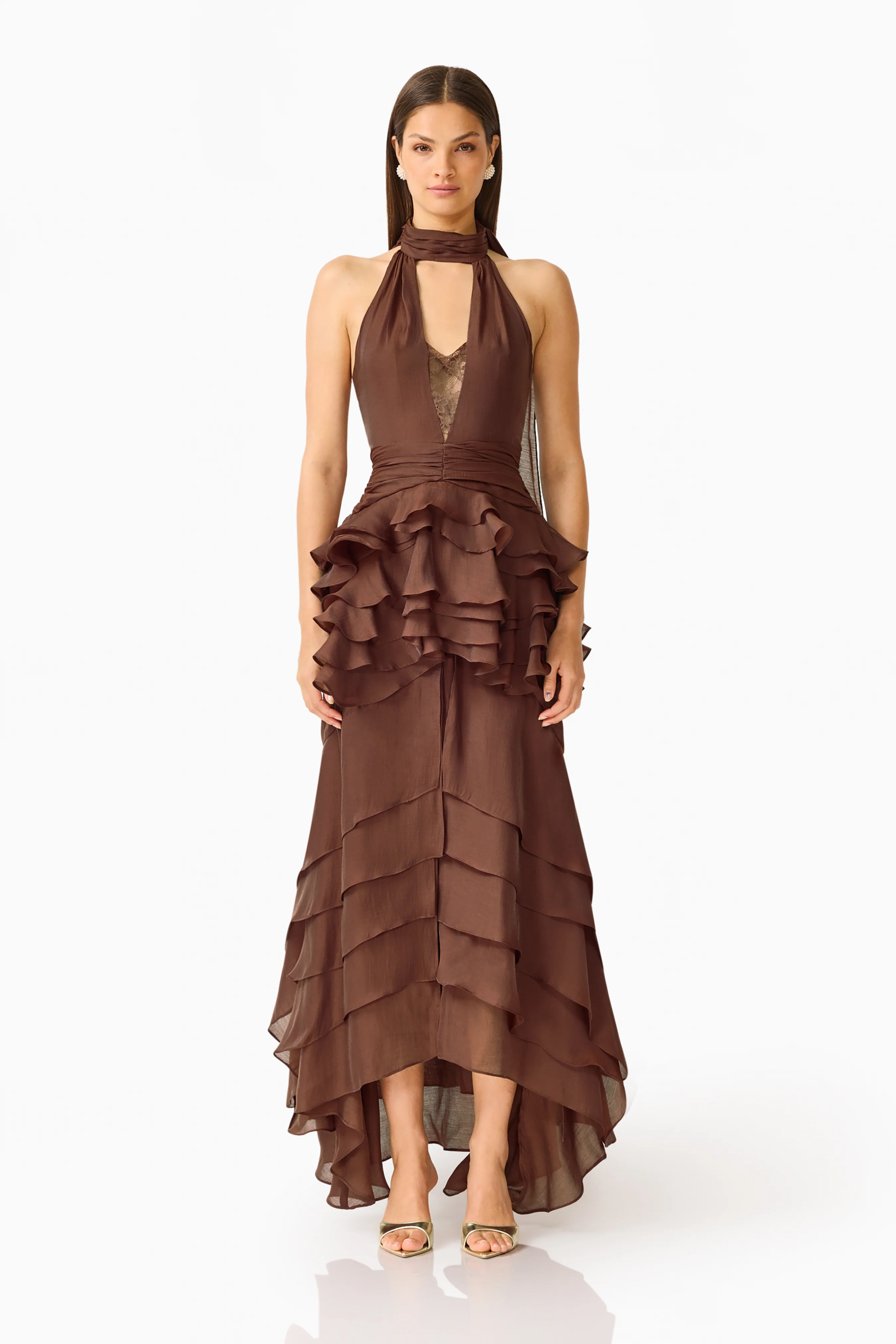 Rosera Halter Gown in Chocolate Brown