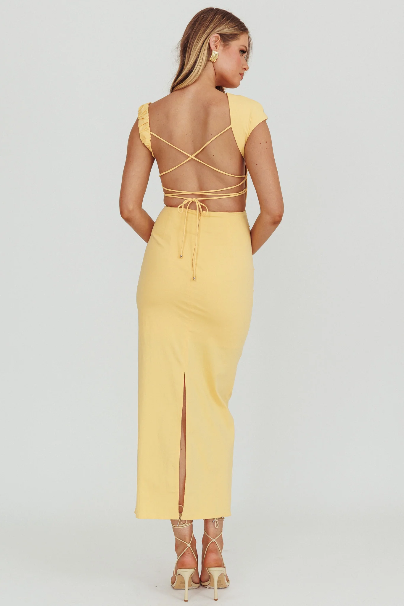 Dream Crush Asymmetric Neckline Midi Dress Lemon
