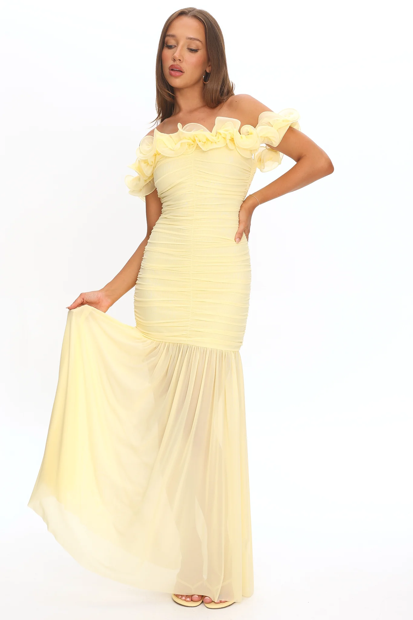 Bluebell Off-Shoulder Ruched Maxi Dress Butter - luluinthesky