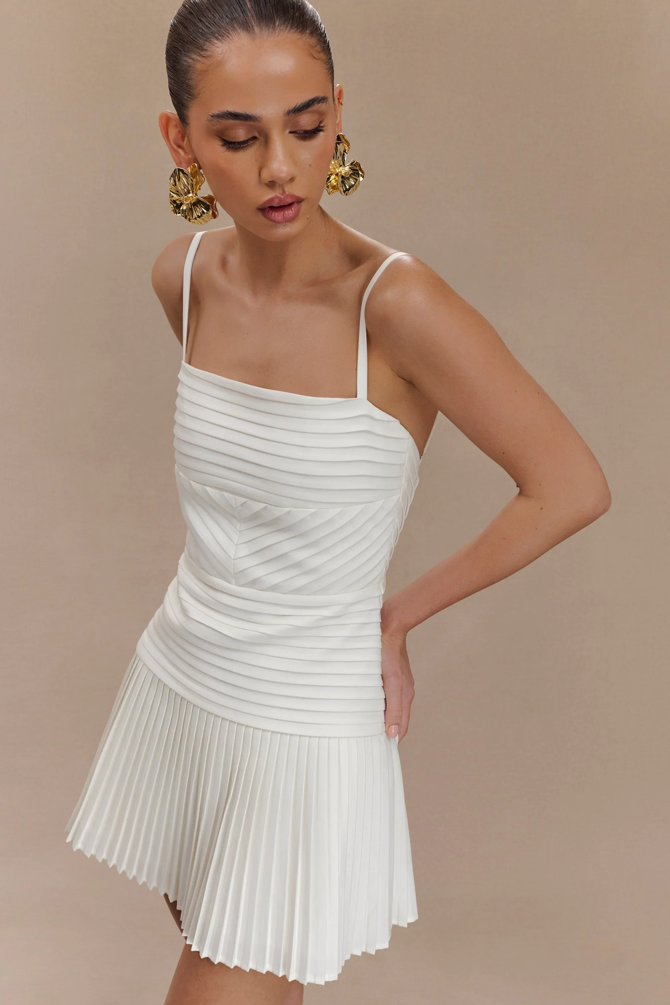 Rylee Multi Pleat Mini Dress - White - luluinthesky