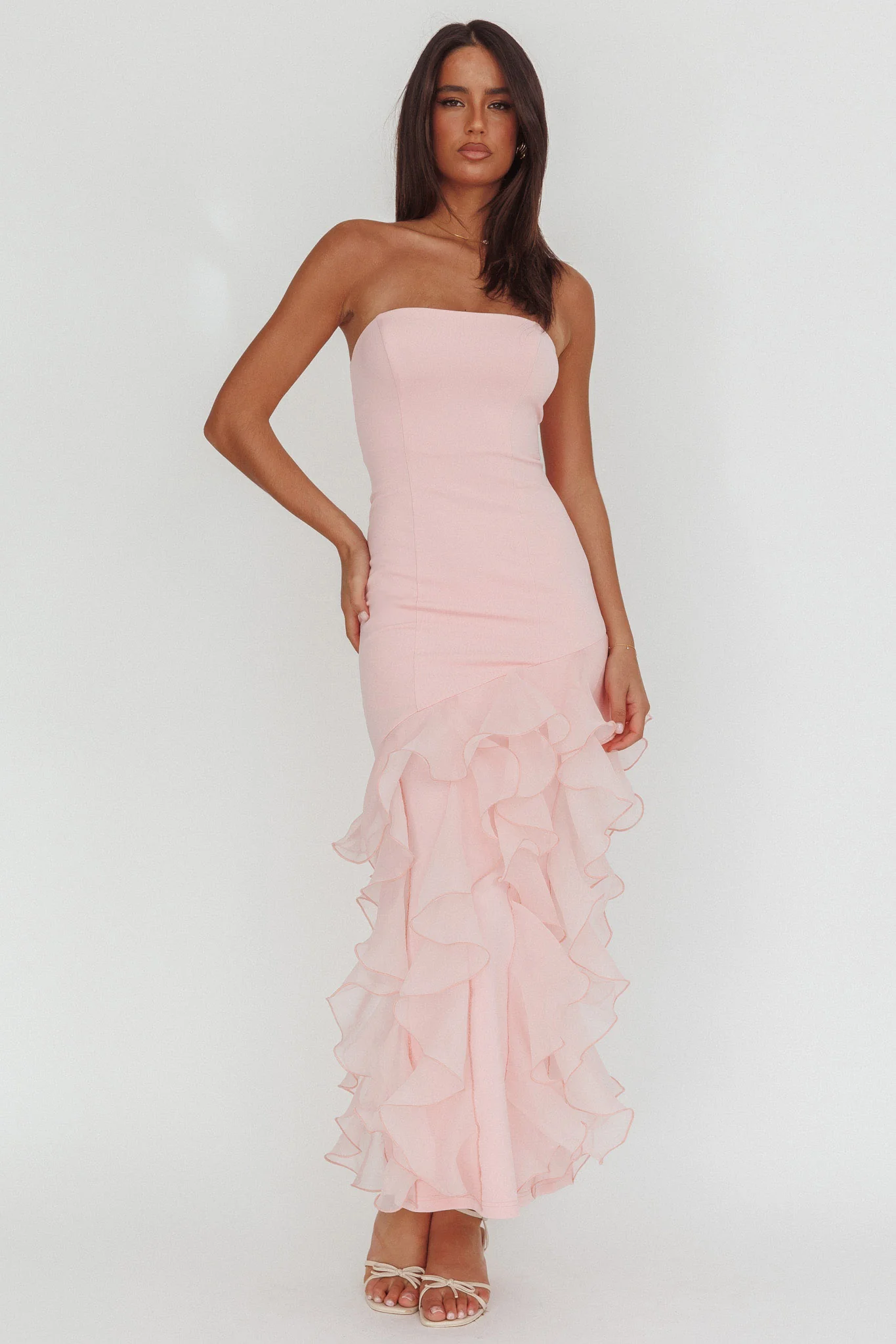 Kioto Strapless Organza Trim Maxi Dress Blush - luluinthesky