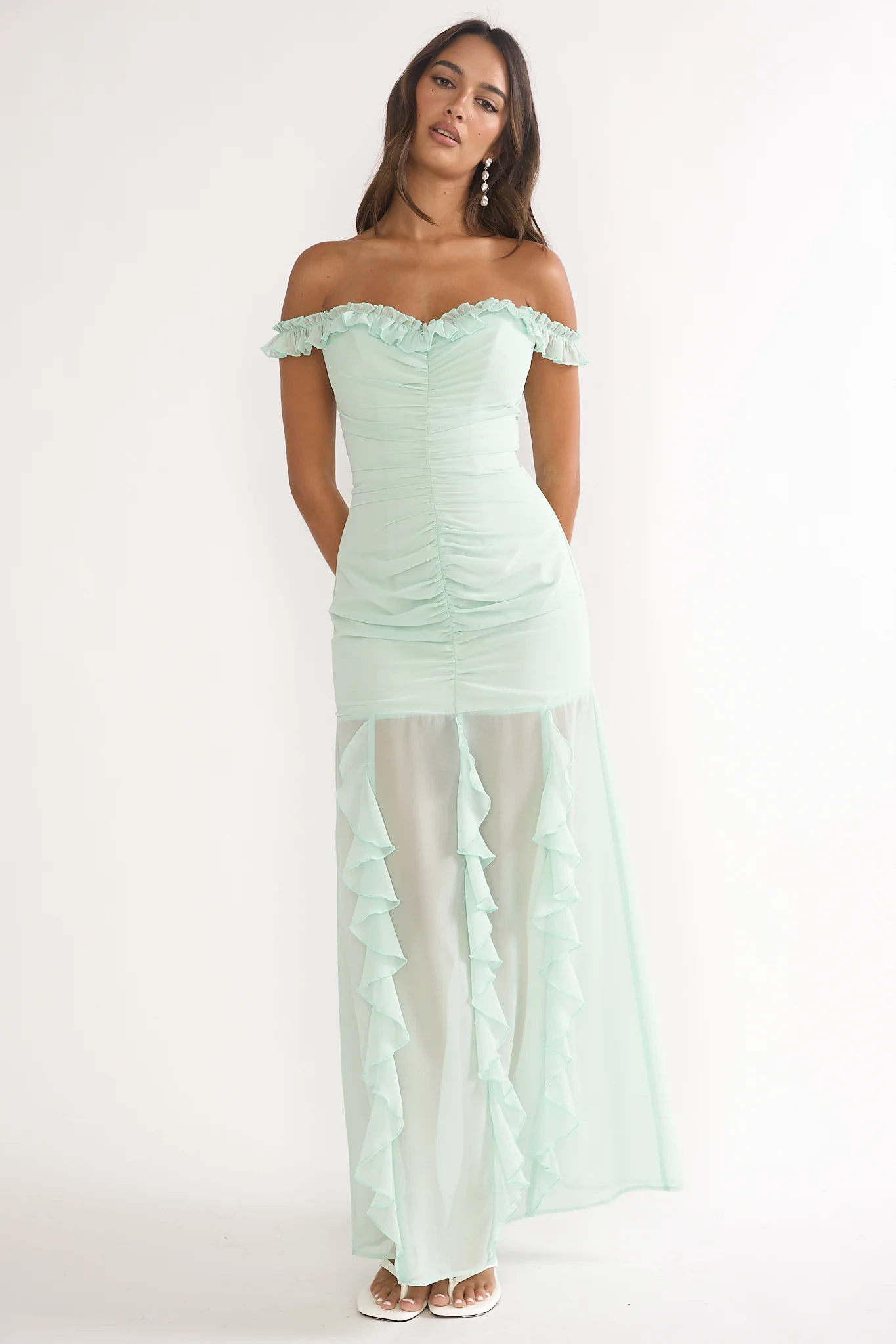 Fall In Love Off Shoulder Frill Maxi Dress Sage