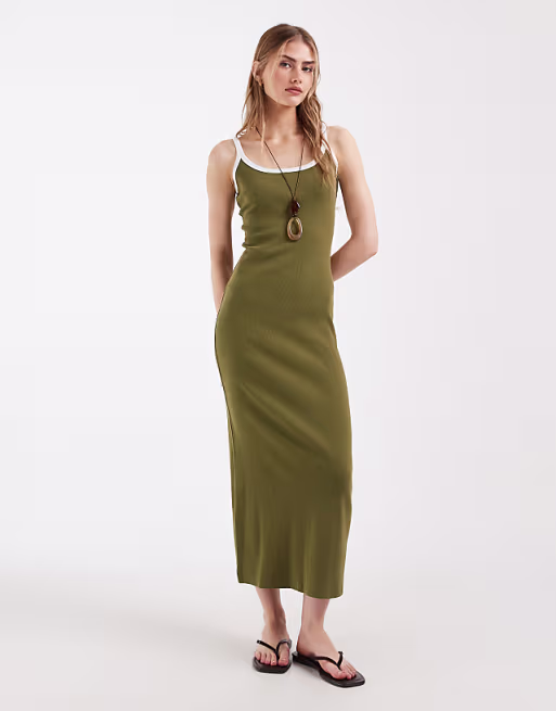 rib knit midi dress in khaki green with white contrast trim