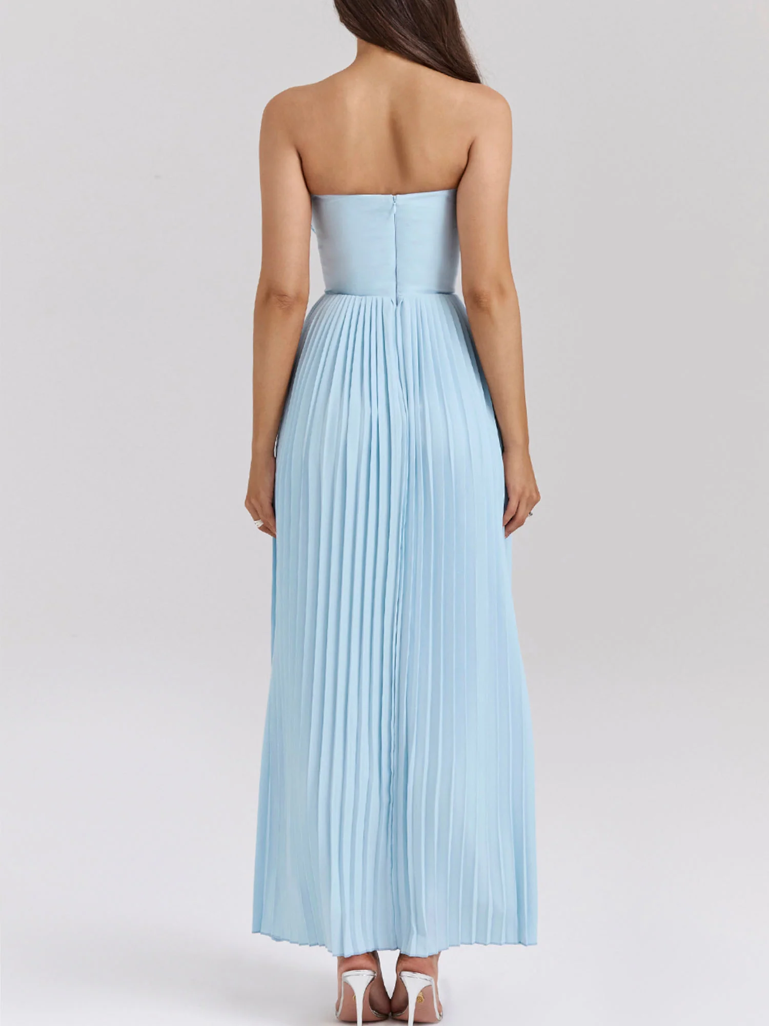 Pleated Strapless Sky Blue Maxi Dress
