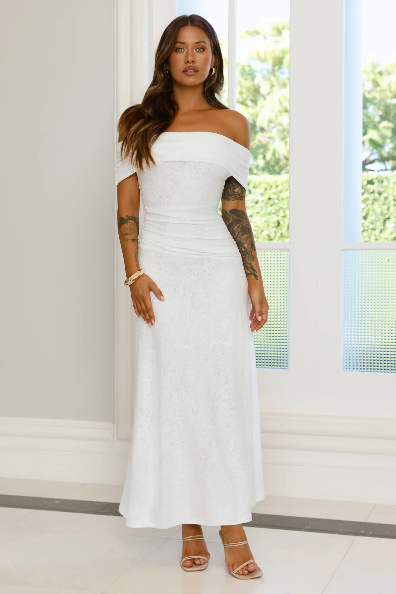 First Class Finish Off Shoulder Maxi Dress Cream - luluinthesky