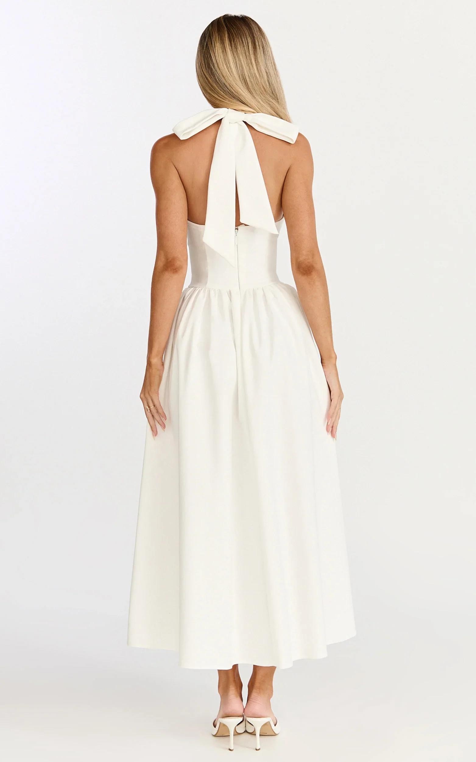 Helda Midi Dress - Halter Tie Neck Corset Panel Dress in Off White