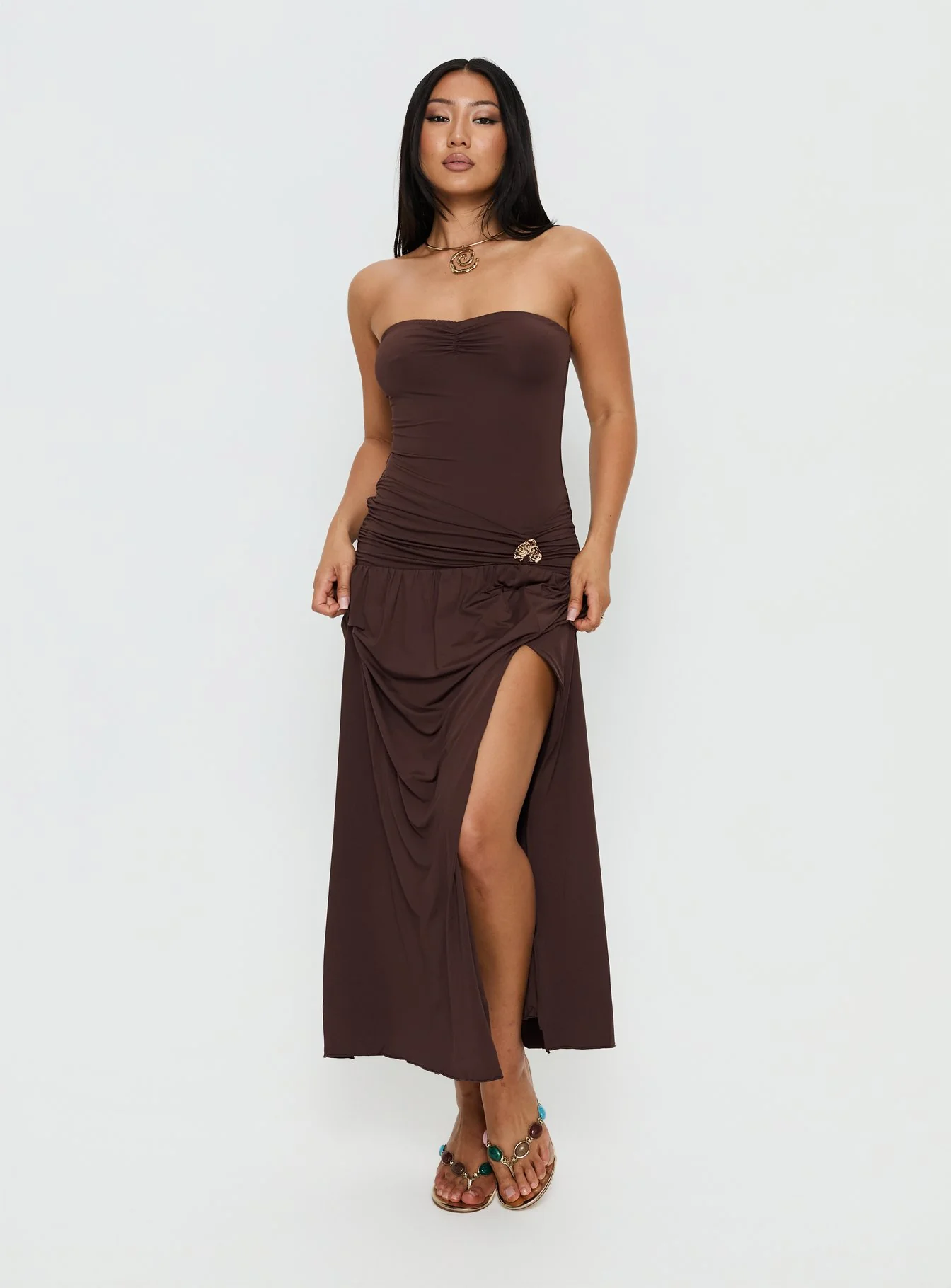 Alexe Strapless Ruched Maxi Dress Chocolate