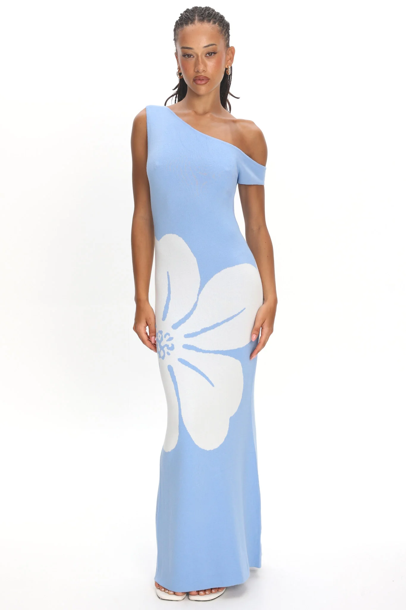 Wildflower Sun Asymmetric Neckline Knit Dress Flower Blue - luluinthesky