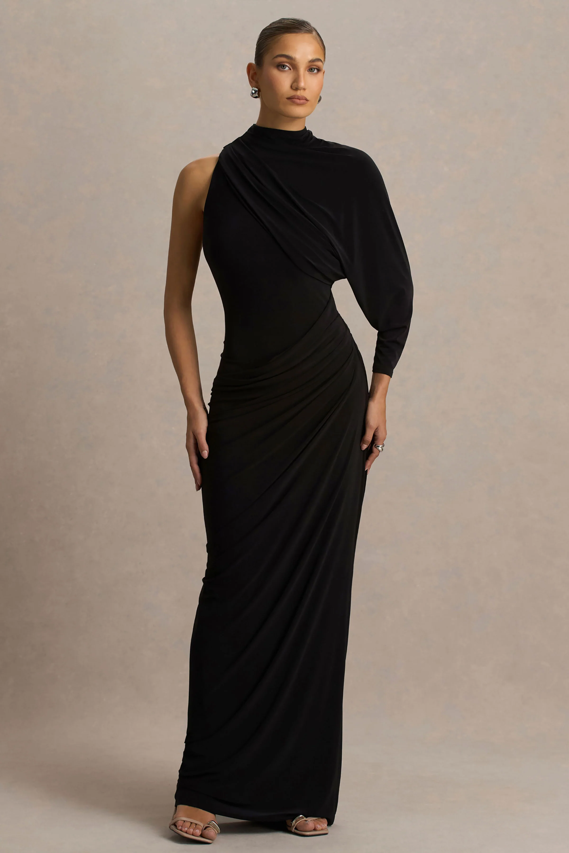 Aphra | Black High-Neck Maxi Dress With Cape-Sleeve