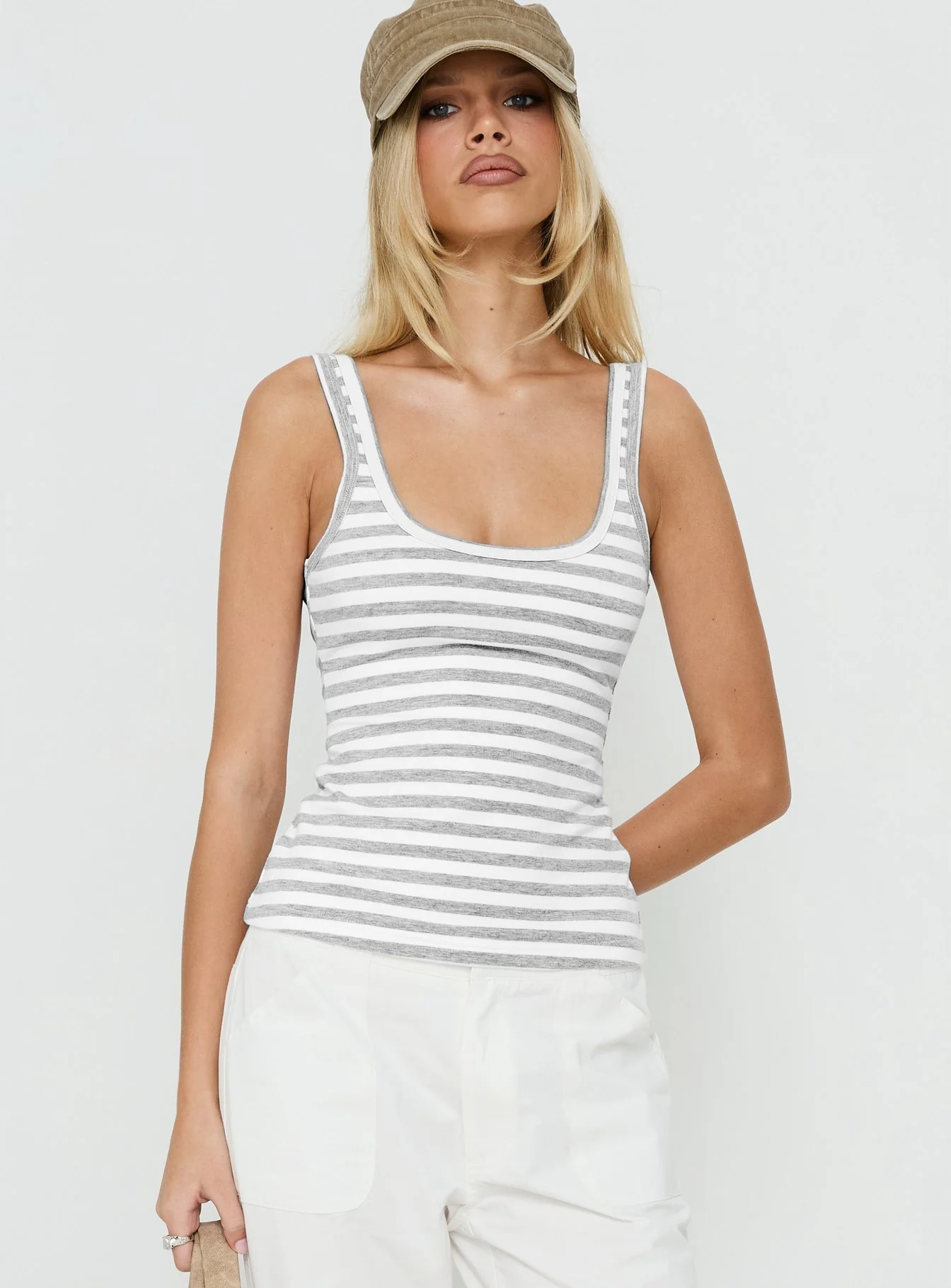 Keep It Light Low Back Tank Top White / Grey Stripe