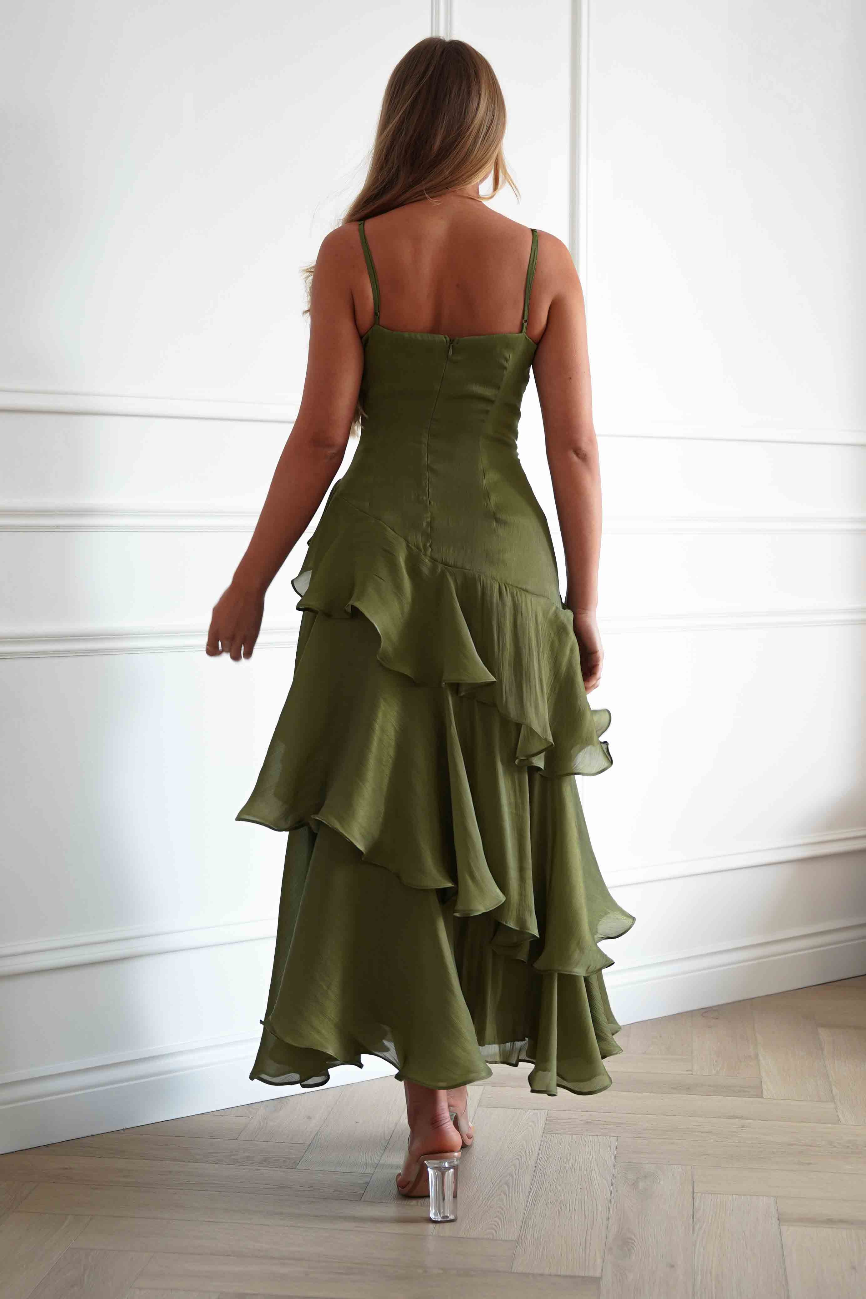 Renee Luminescent Ruffle Maxi Dress | Olive