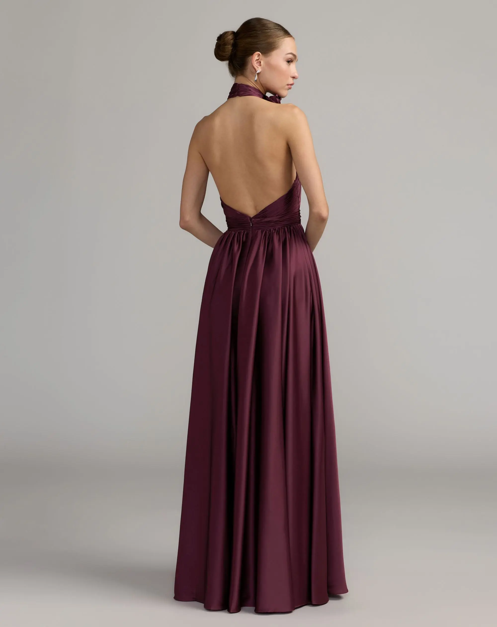 Purple Halter Neck Open Back Satin Gown With Slit
