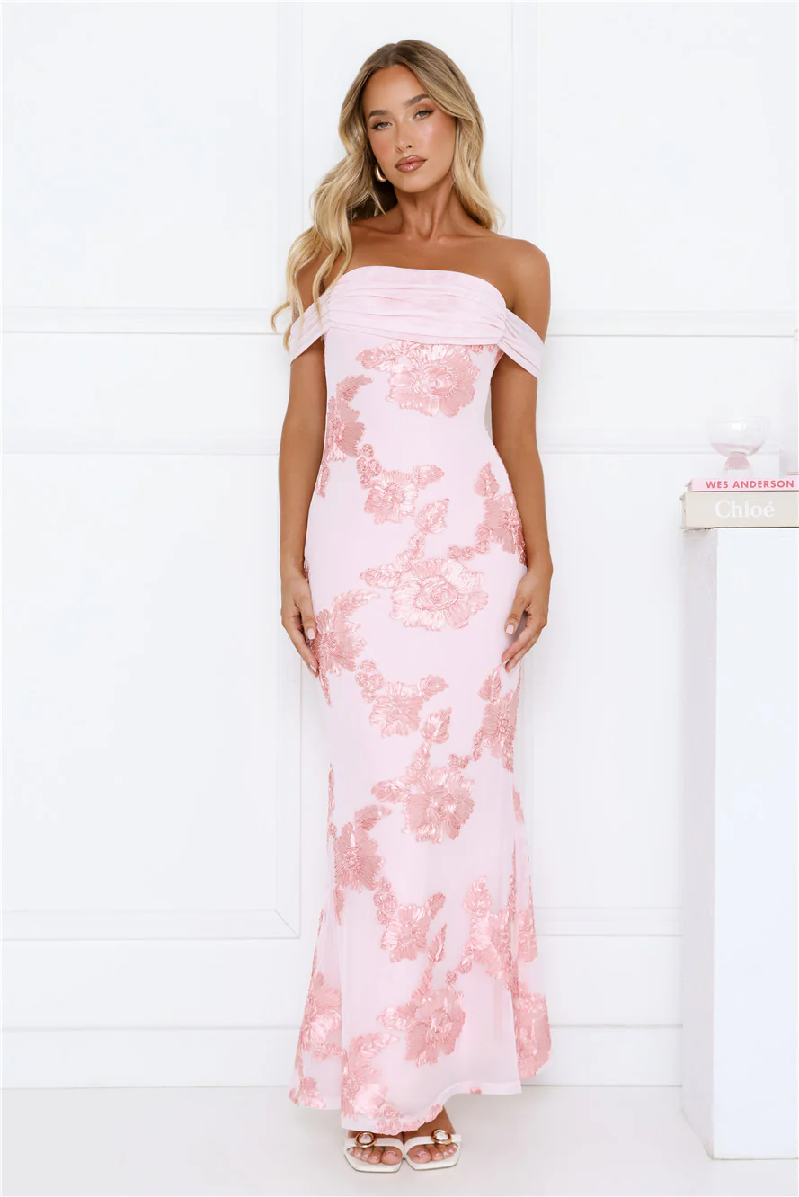 Lush Bloom Embroidered Off Shoulder Maxi Dress Pink