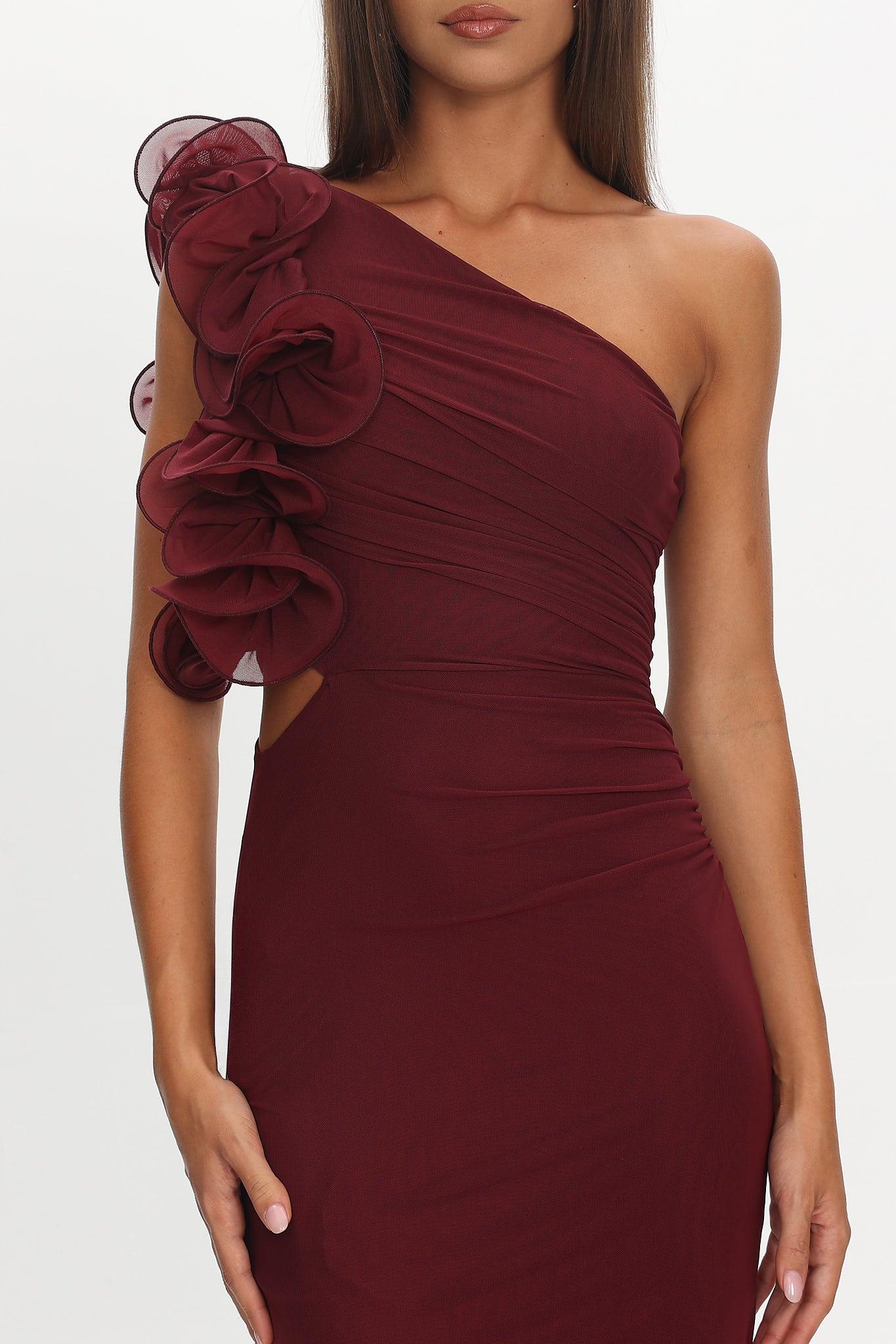 Deanna One-Shoulder Ruffle Maxi Dress Wine