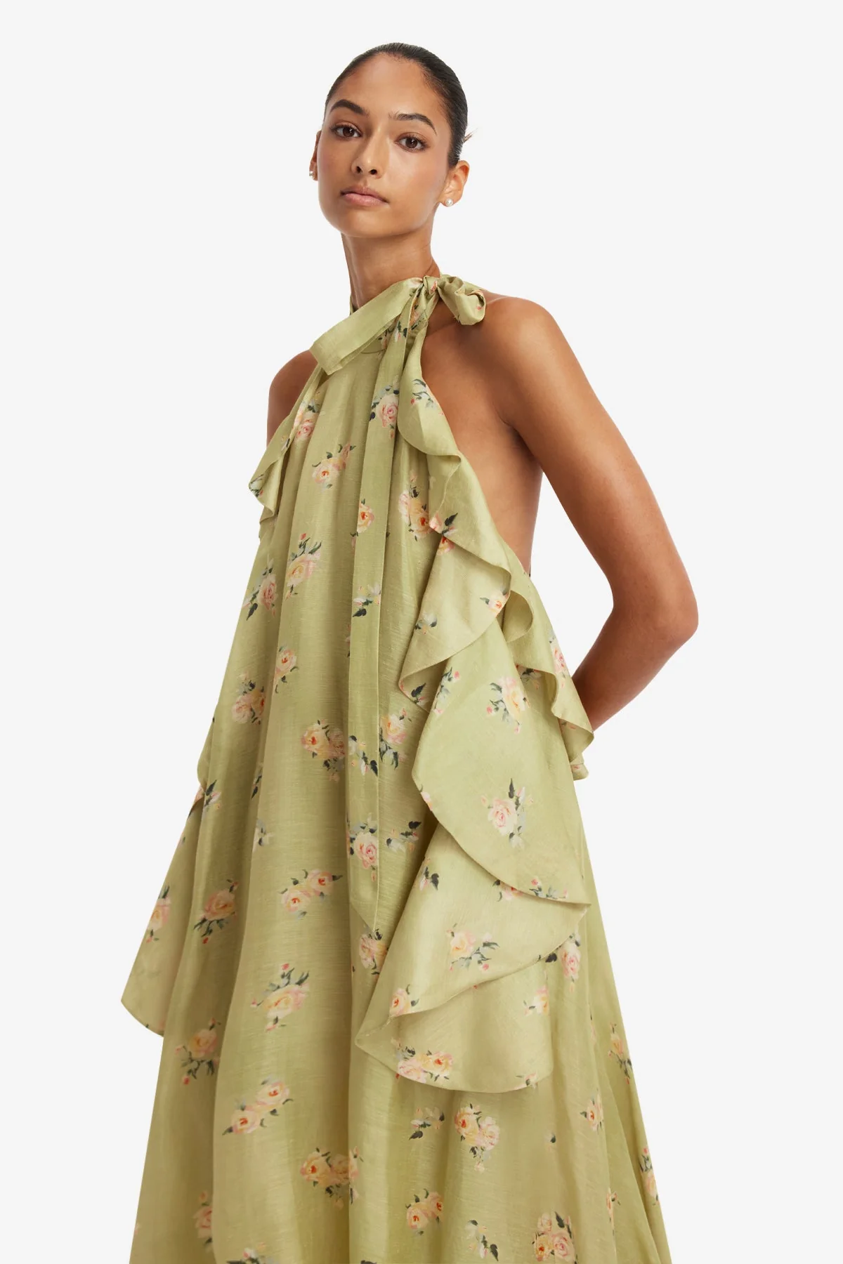 Anne Ruffled Maxi Dress - Pistachio Rose Print