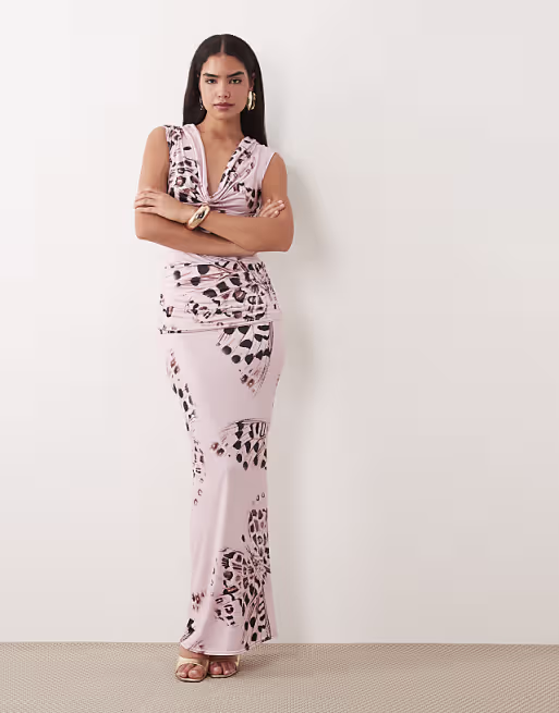 Missy Empire slinky cowl neck ruched detail maxi dress in pink butterfly print