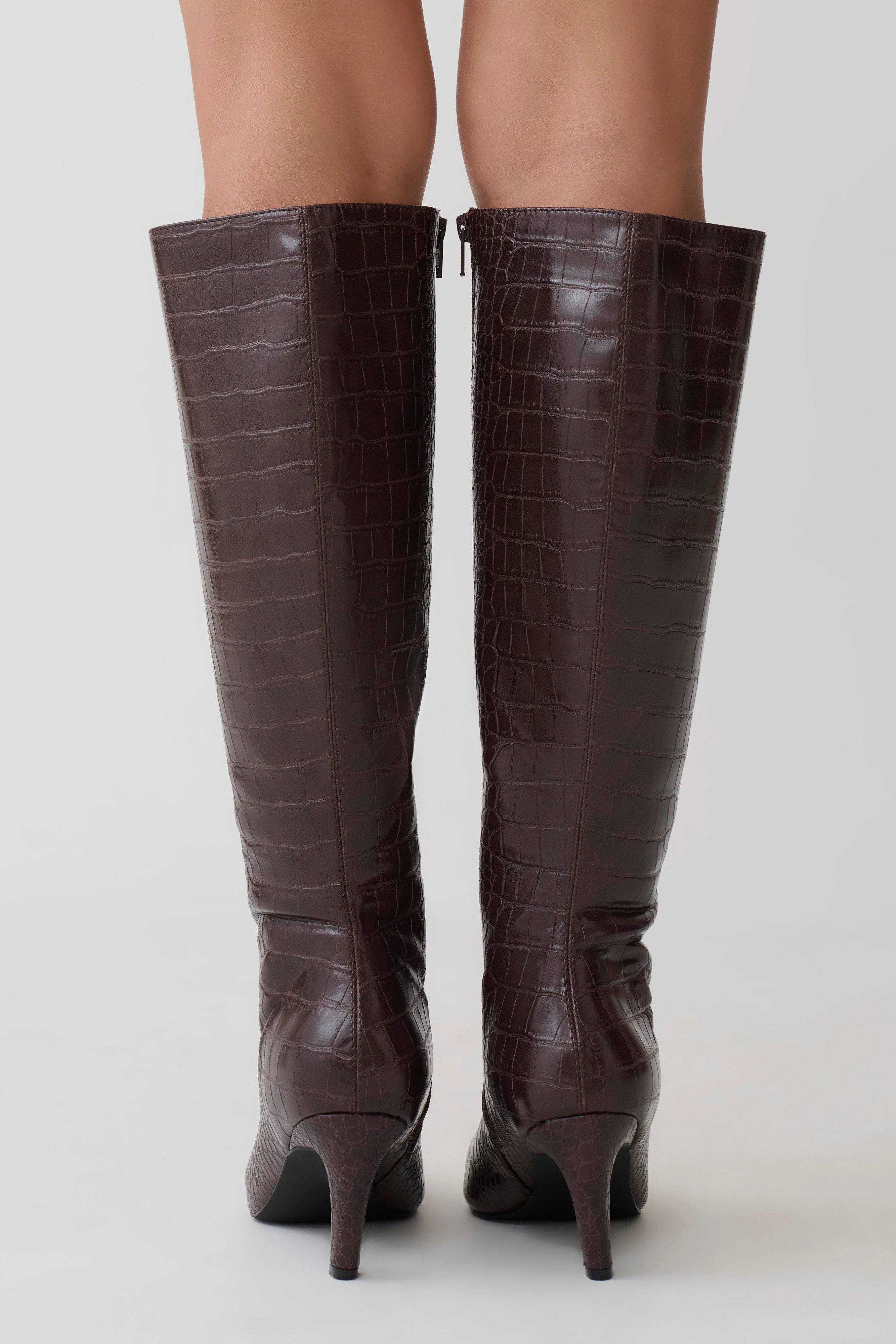 Sarah Faux Leather Crocodile Boot - Chocolate