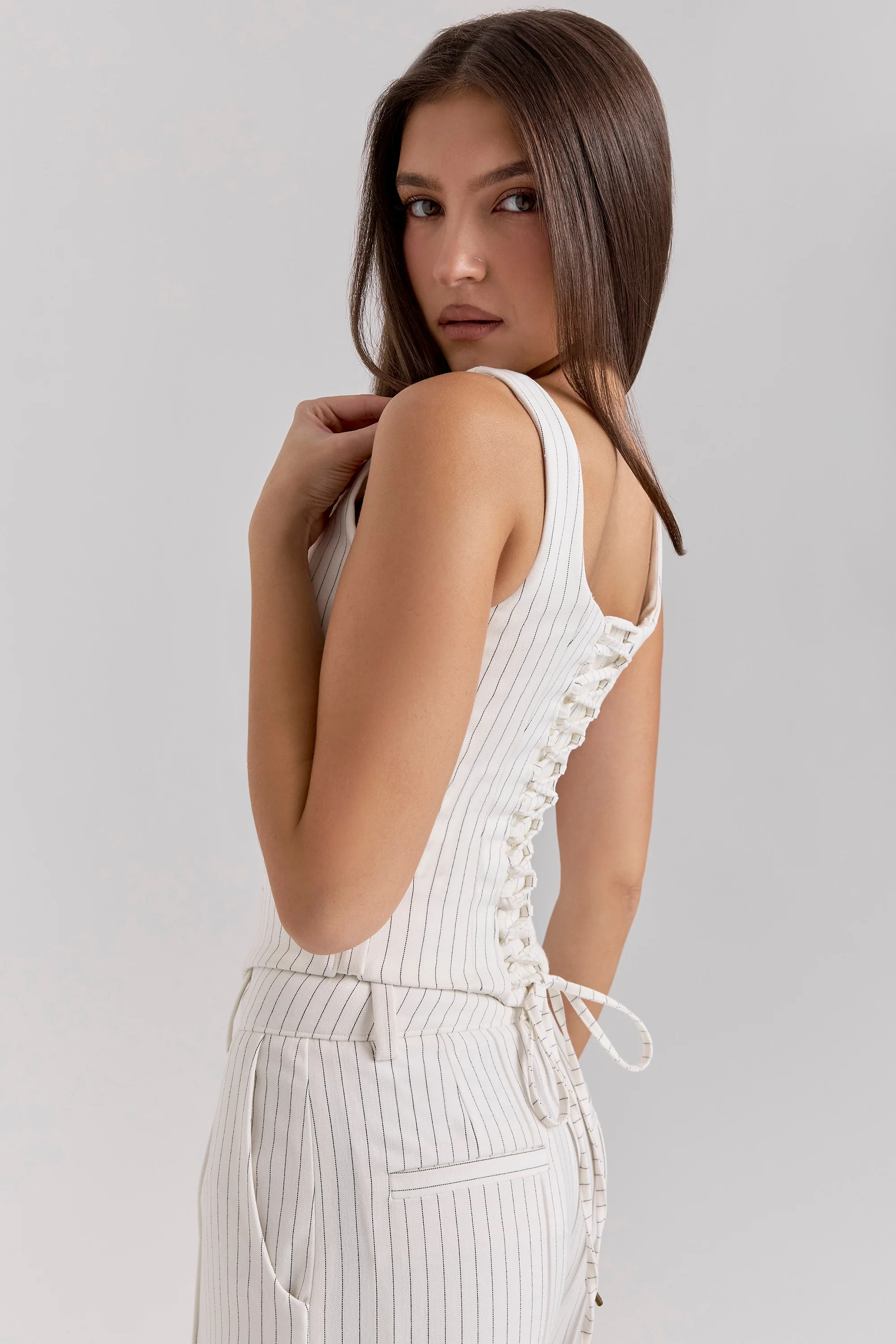 White Pinstripe Boned Corset Top