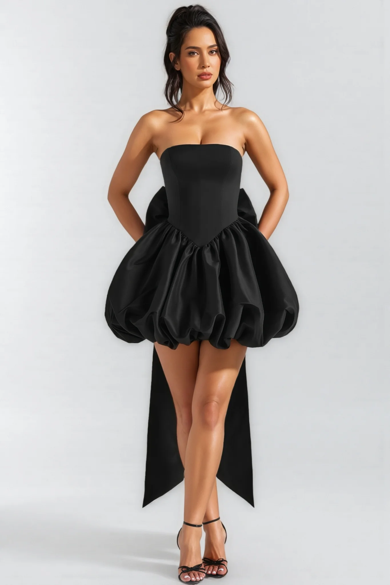 Zevpt Black Bow Halter Lantern Mini Dress