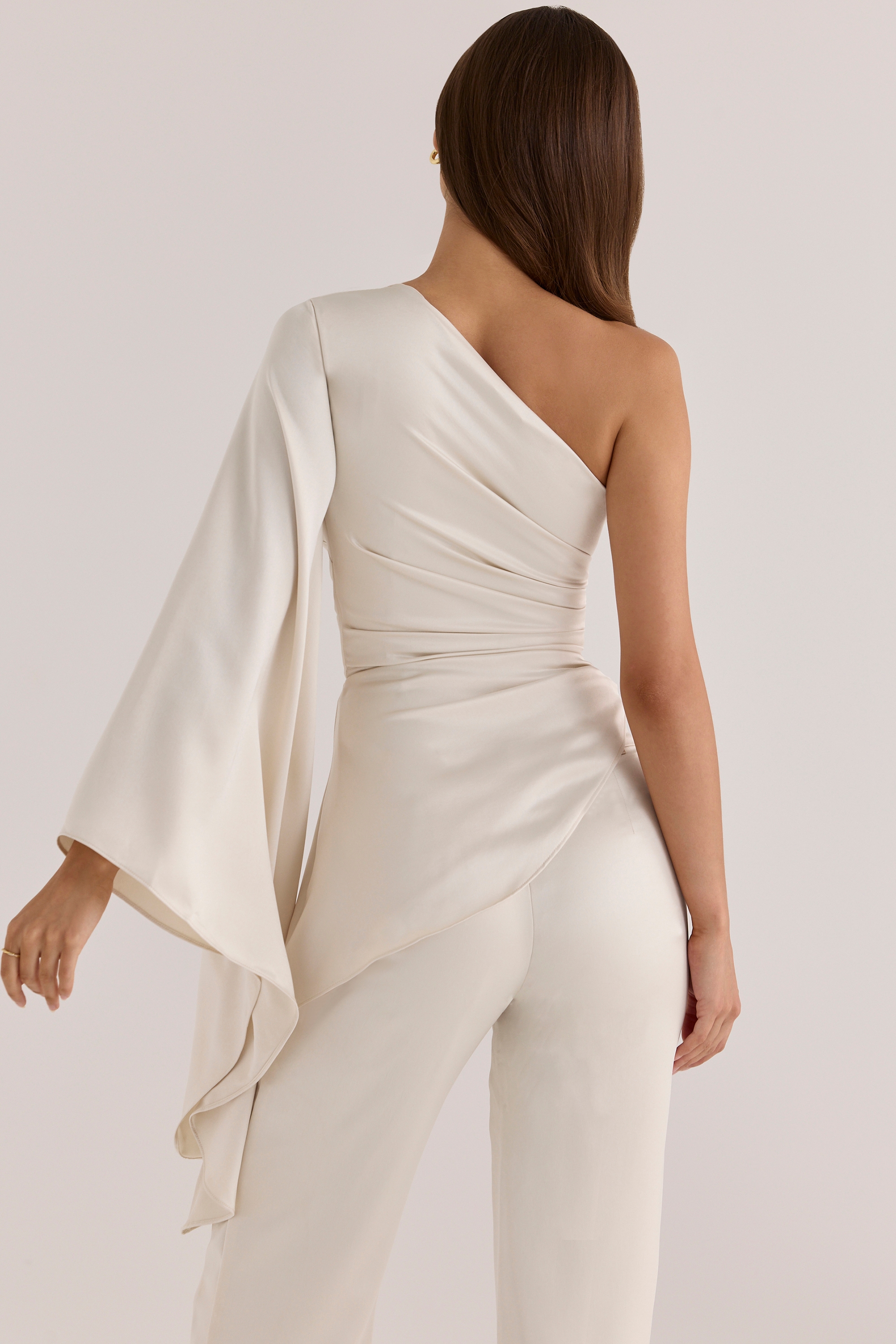 Oyster Satin One Sleeve Asymmetric Draped Top
