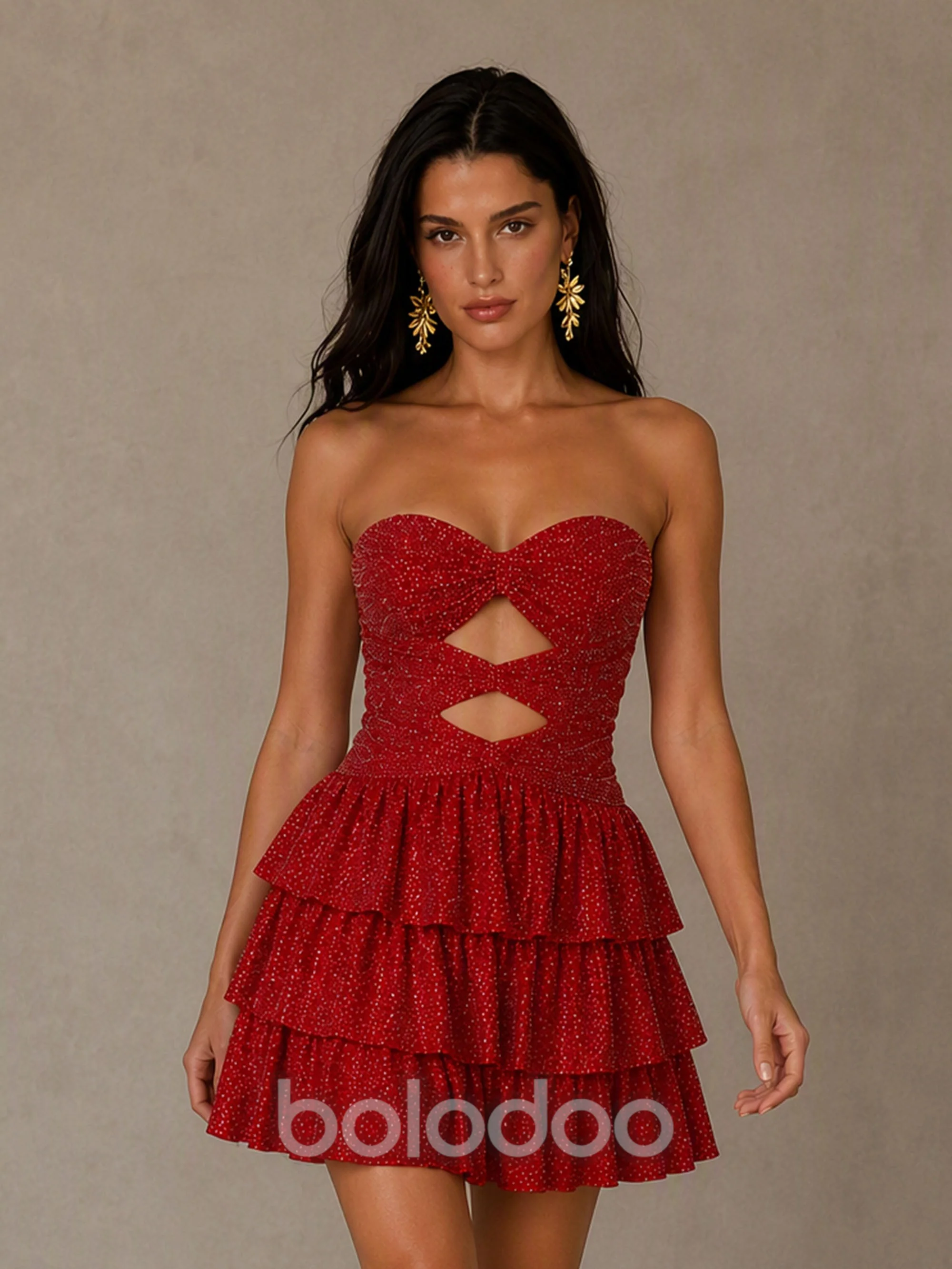 BOLODOO Red Strapless Sweetheart Twist Cutout Glitter Tiered Ruffle Mini Dress | Lace-Up Back Corset