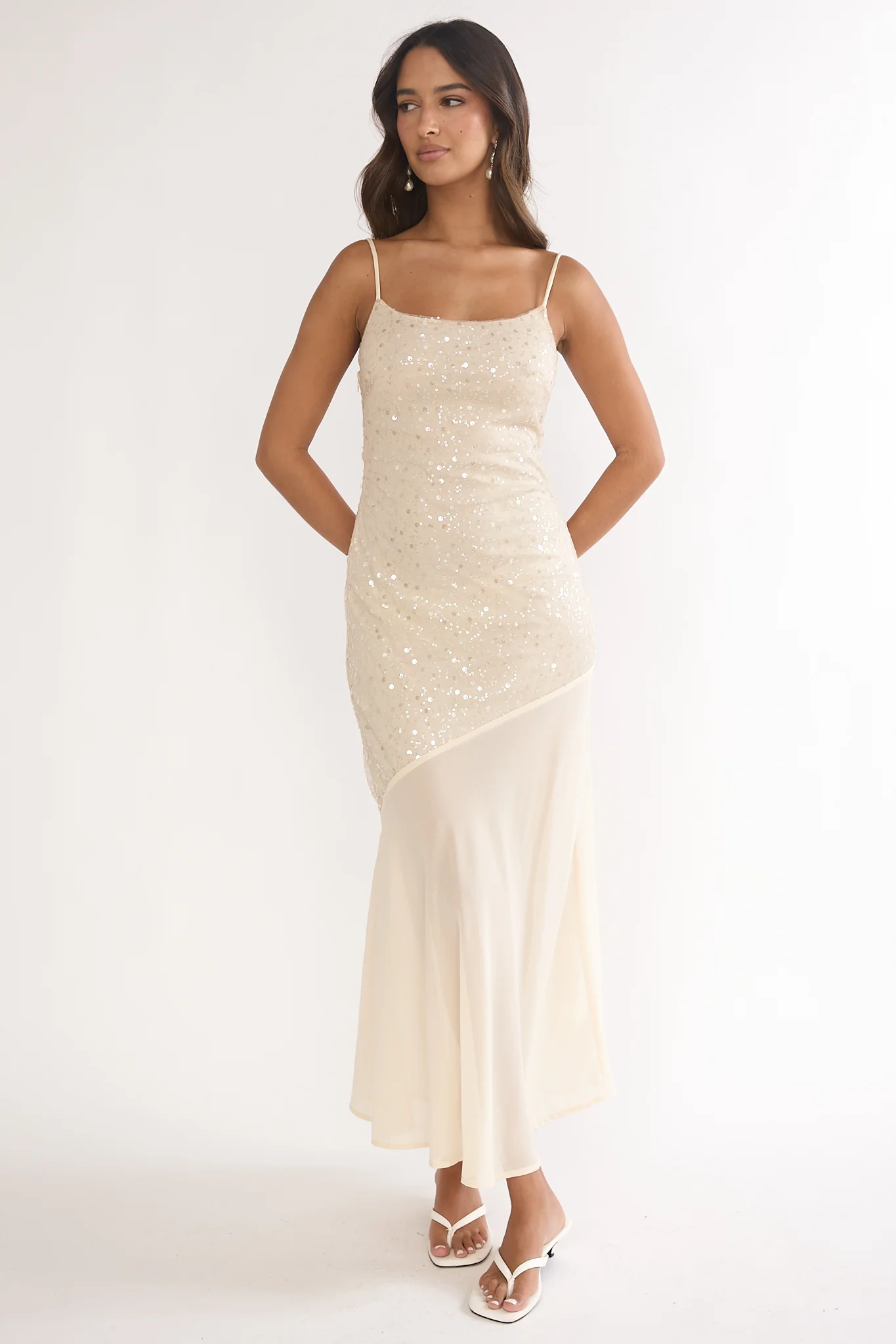 Gilded Dream Chiffon Hem Maxi Dress Sequin Oyster