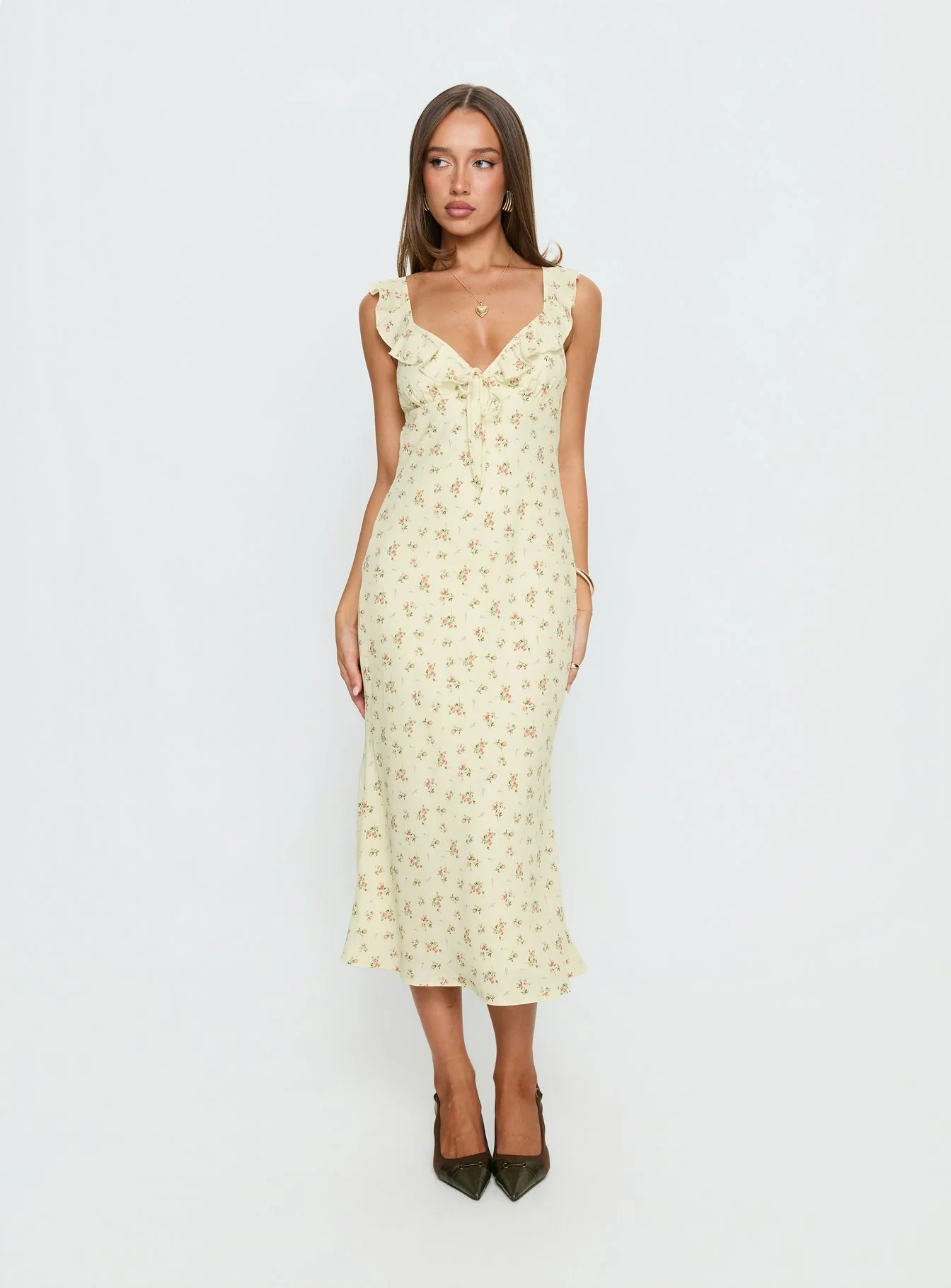 Leabelle Frill V Neck Maxi Dress Yellow Floral