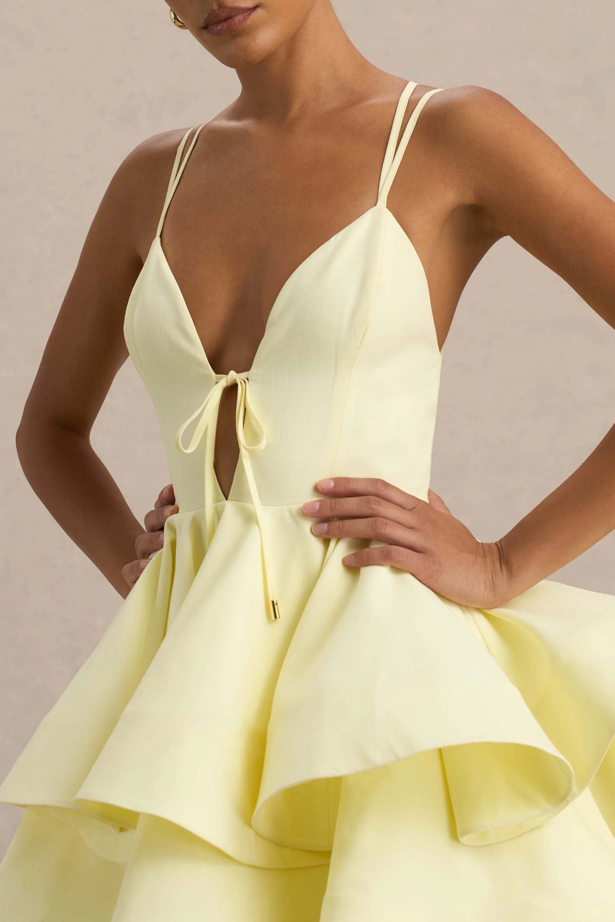 Flavia | Lemon Plunge-Neck Ruffled Skater Micro-Mini Dress