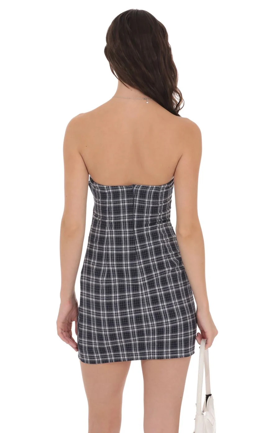 Plaid Strapless Bodycon Dress in Navy