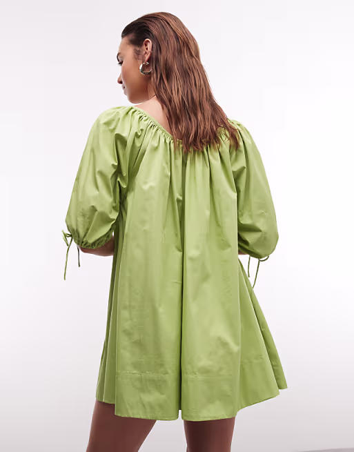 scoop neck poplin mini dress with tie sleeves in green
