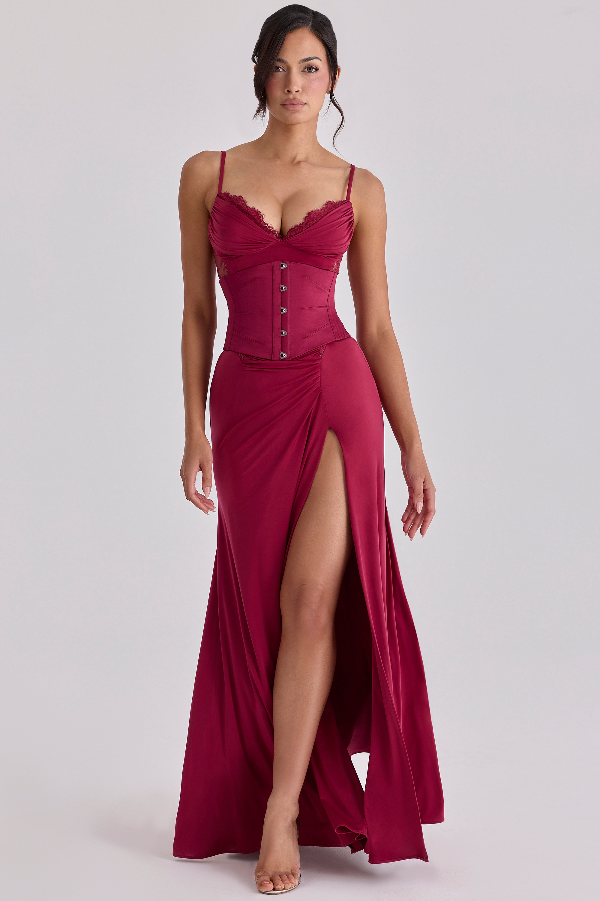 wine lace trim maxi dress + corset