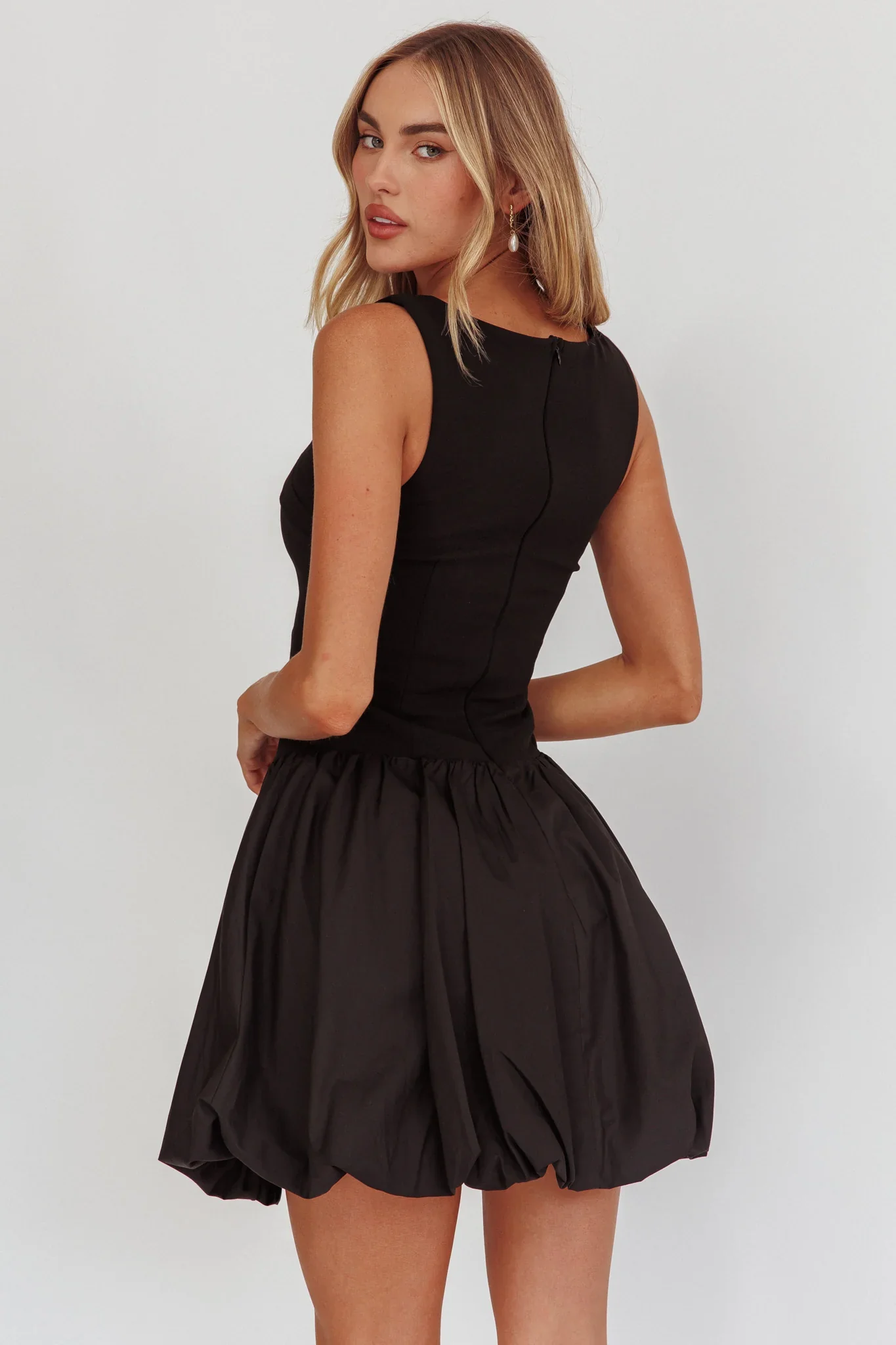 Like Art Square Neck Bubble Mini Dress Black