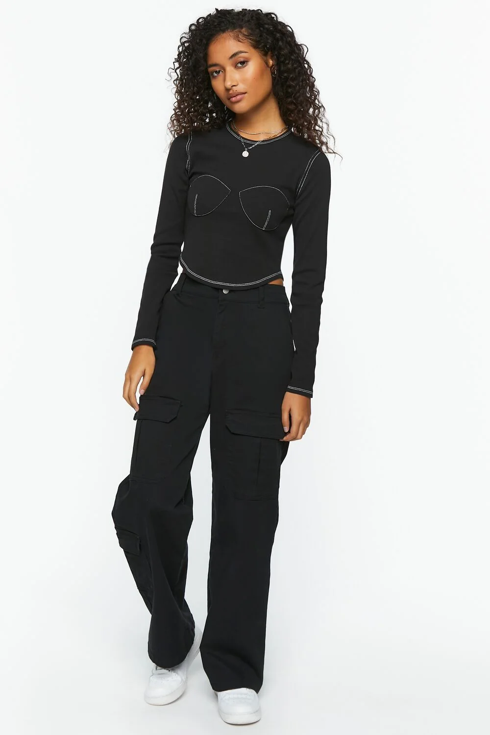 Bustier-Stitched Long-Sleeve Top