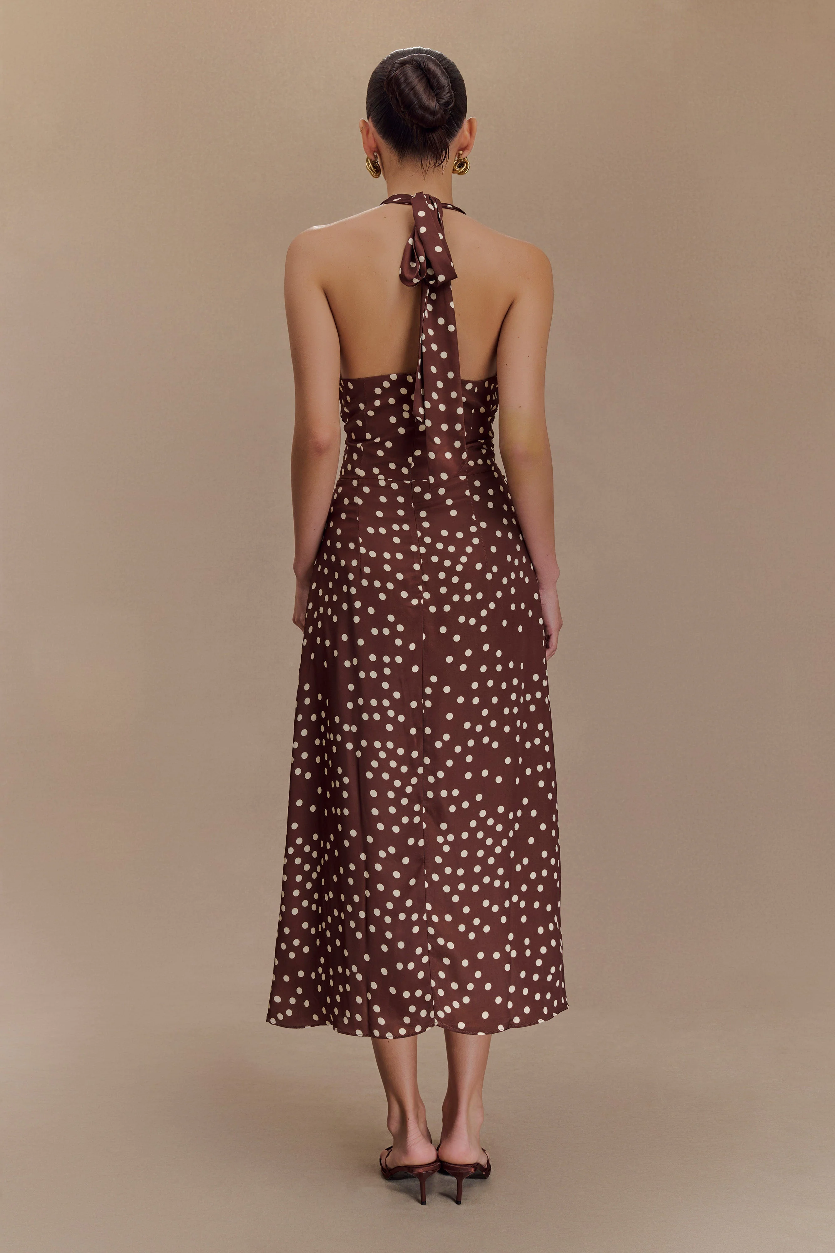Marguerite Satin Halter Midi Dress - Brown Polka Dot Print