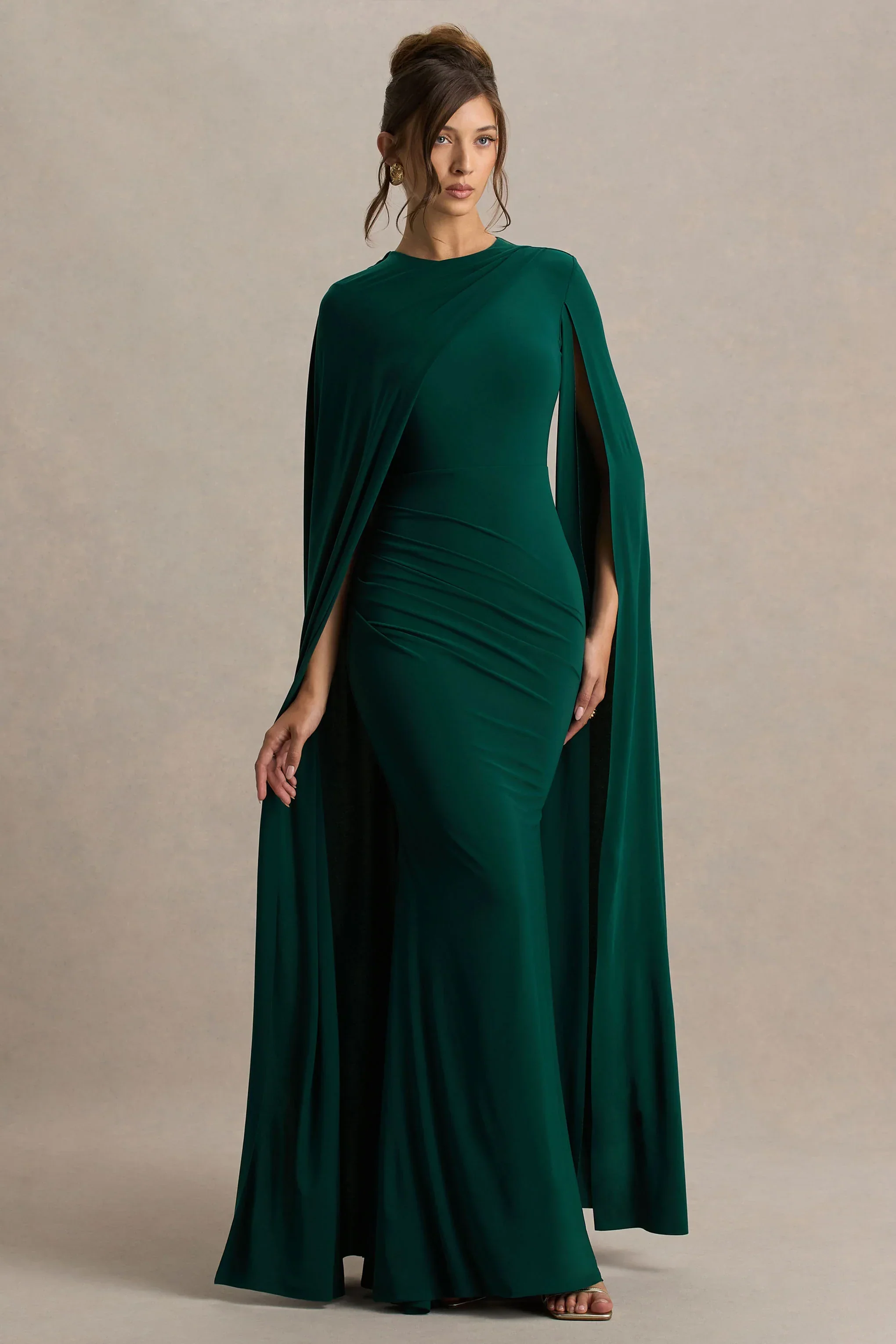 Magdelena | Bottle Green Asymmetric Cape Maxi Dress